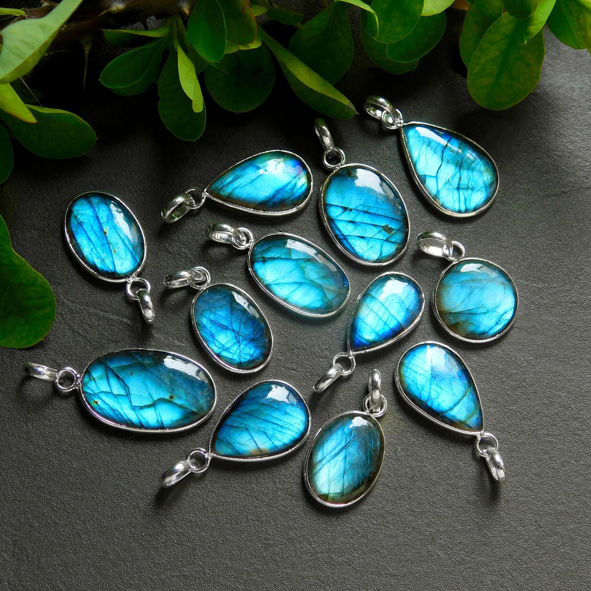12 Pcs 155 Cts Natural Labradorite Silver Plated Pendant Semi-Precious Healing Crystal Jewelry Lots 16x31-12x25mm 12438