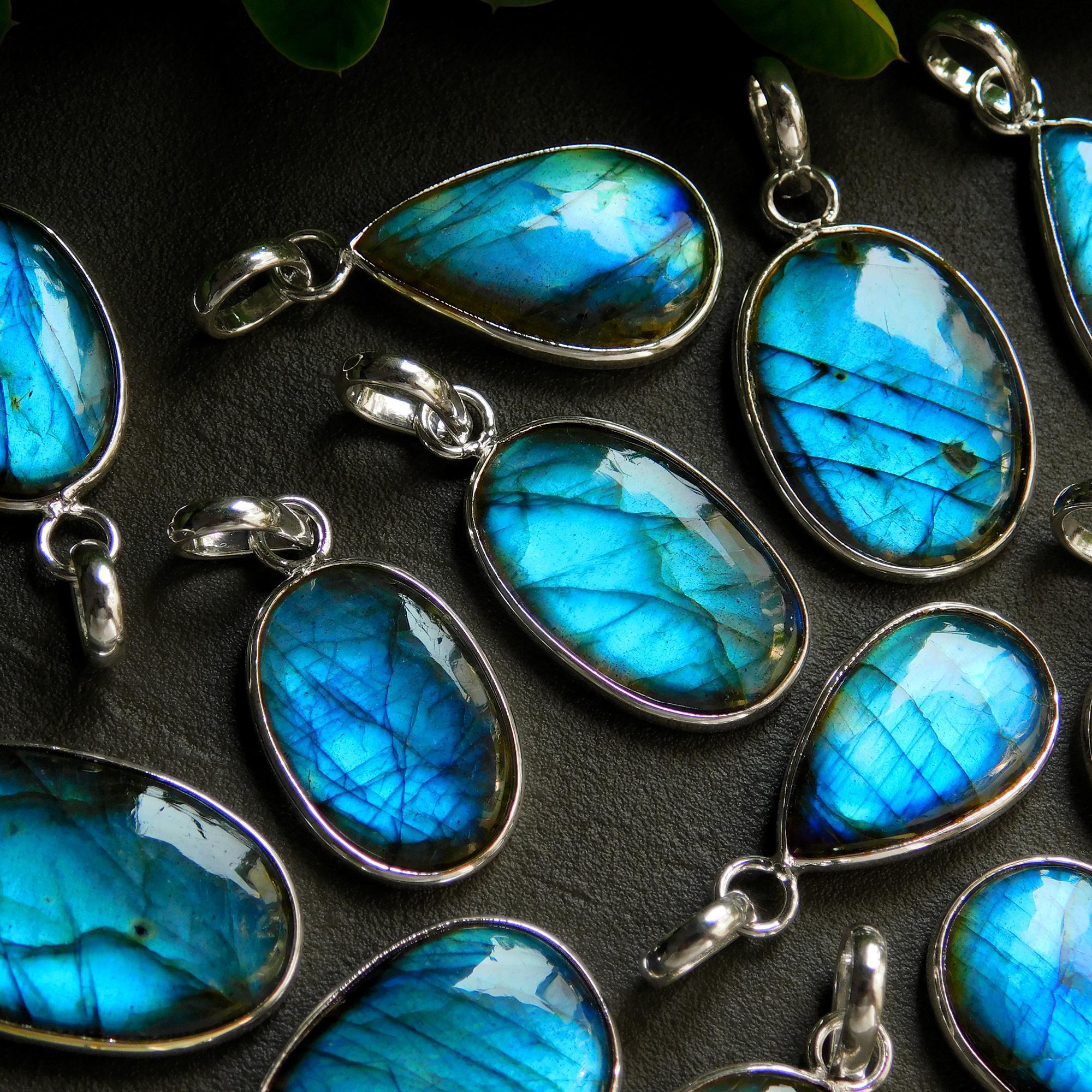 12 Pcs 155 Cts Natural Labradorite Silver Plated Pendant Semi-Precious Healing Crystal Jewelry Lots 16x31-12x25mm 12438
