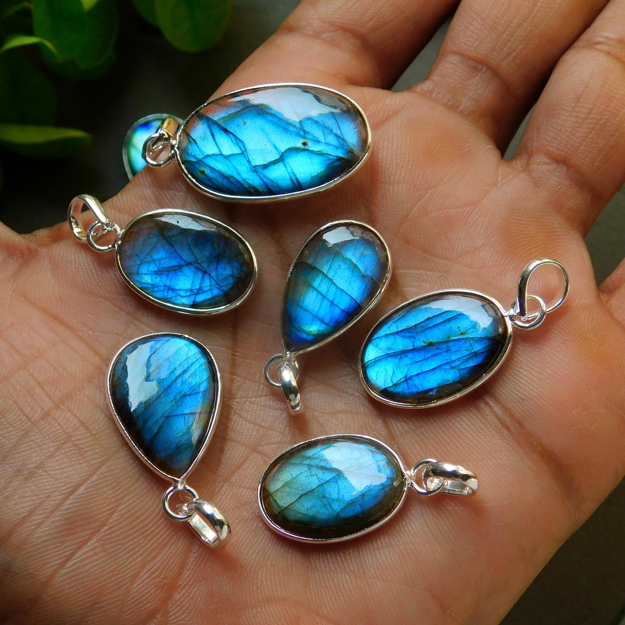 12 Pcs 155 Cts Natural Labradorite Silver Plated Pendant Semi-Precious Healing Crystal Jewelry Lots 16x31-12x25mm 12438