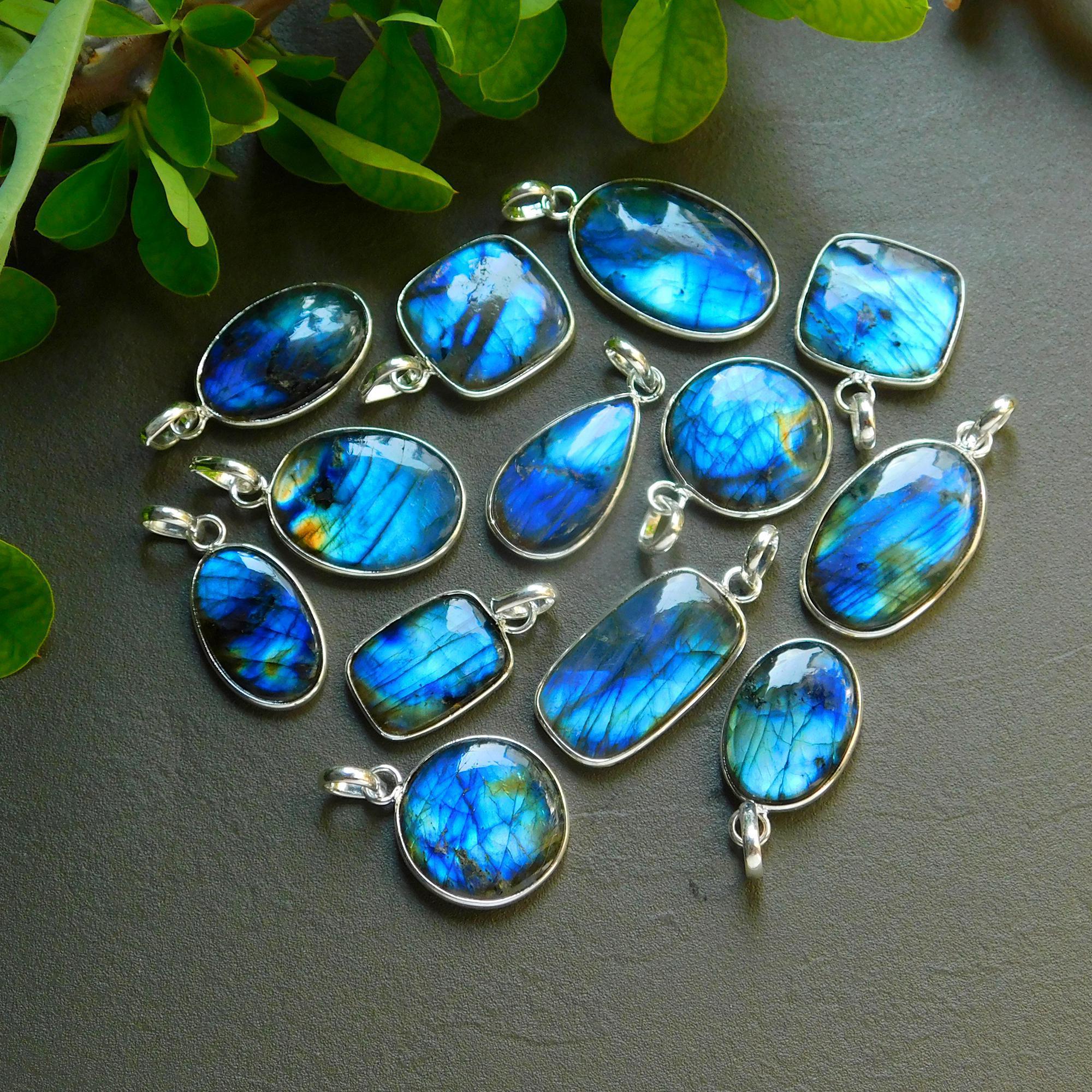 13 Pcs 214 Cts Natural Labradorite Silver Plated Pendant Semi-Precious Healing Crystal Jewelry Lots 19x33-13x26mm 12440