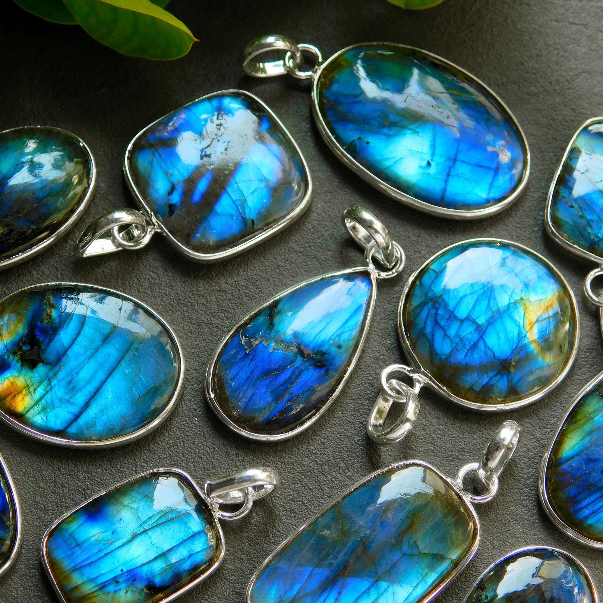 13 Pcs 214 Cts Natural Labradorite Silver Plated Pendant Semi-Precious Healing Crystal Jewelry Lots 19x33-13x26mm 12440