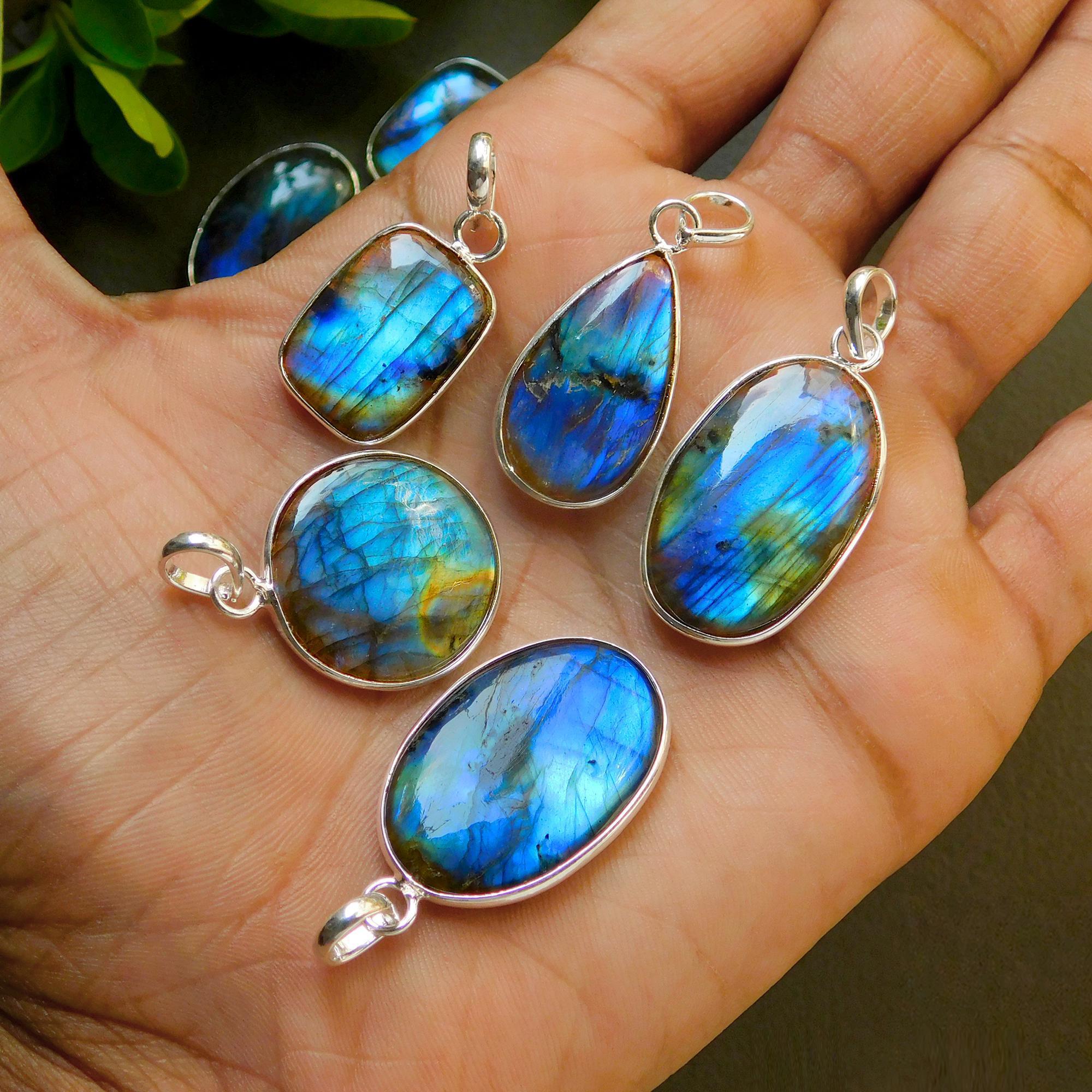 13 Pcs 214 Cts Natural Labradorite Silver Plated Pendant Semi-Precious Healing Crystal Jewelry Lots 19x33-13x26mm 12440