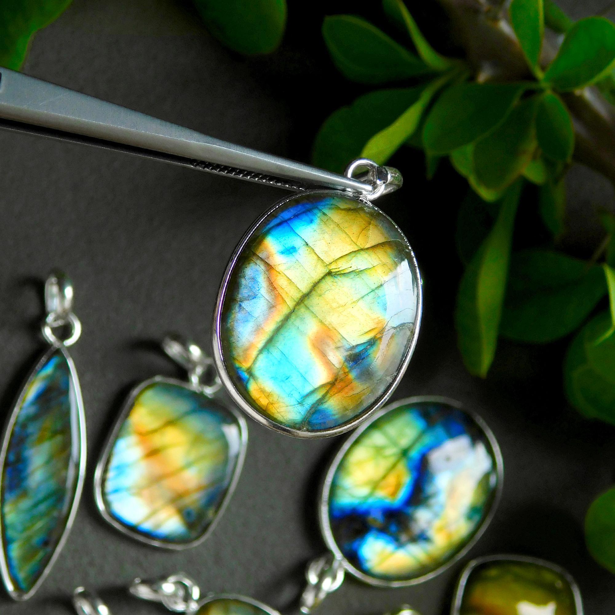 10 Pcs 155 Cts Natural Labradorite Silver Plated Pendant Semi-Precious Healing Crystal Jewelry Lots 11x37-13x24mm 12441