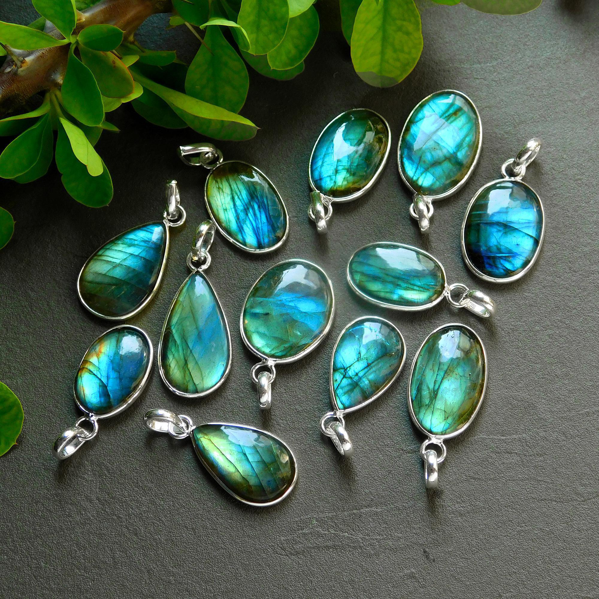 12 Pcs 158 Cts Natural Labradorite Silver Plated Pendant Semi-Precious Healing Crystal Jewelry Lots 16x29-13x25mm 12442