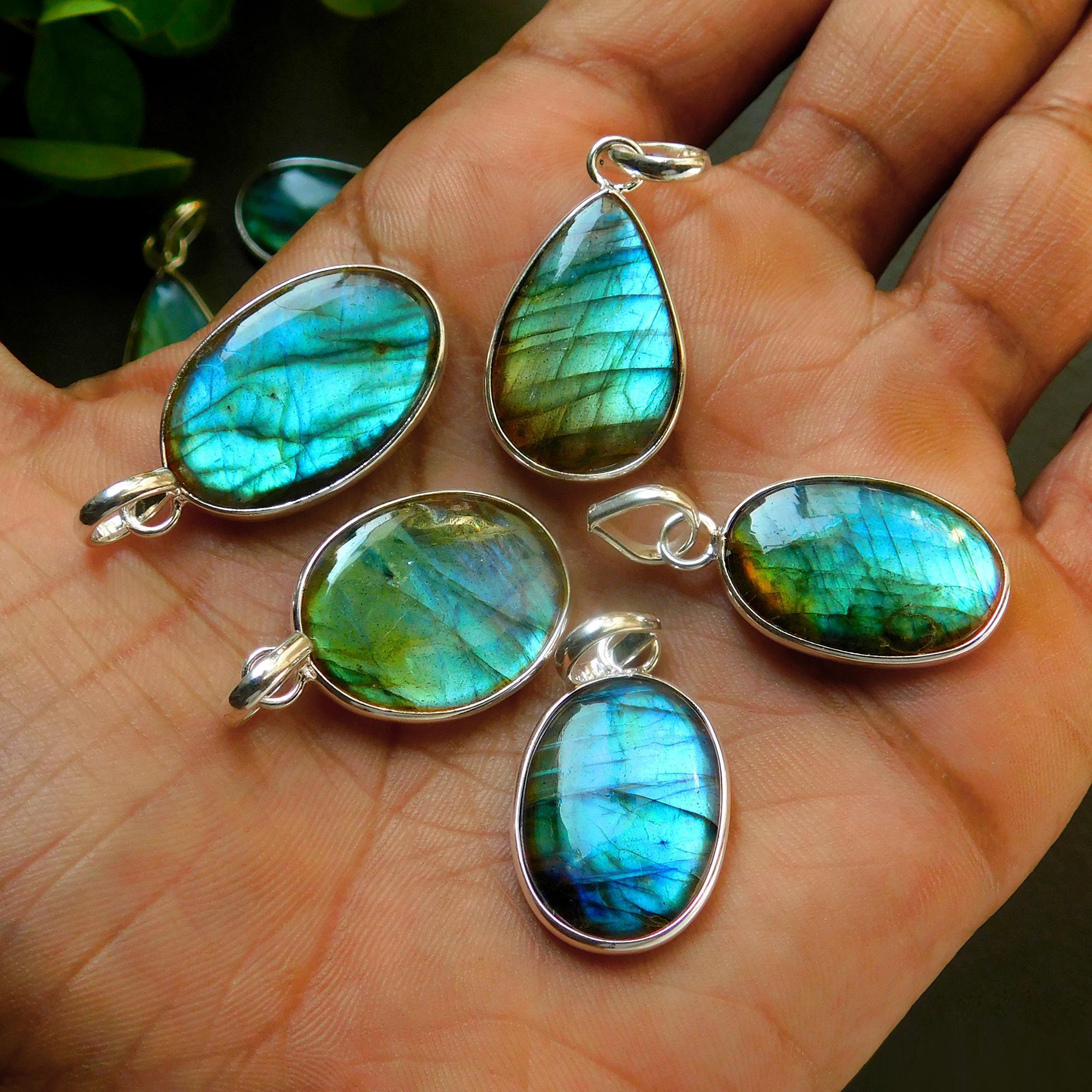 12 Pcs 158 Cts Natural Labradorite Silver Plated Pendant Semi-Precious Healing Crystal Jewelry Lots 16x29-13x25mm 12442