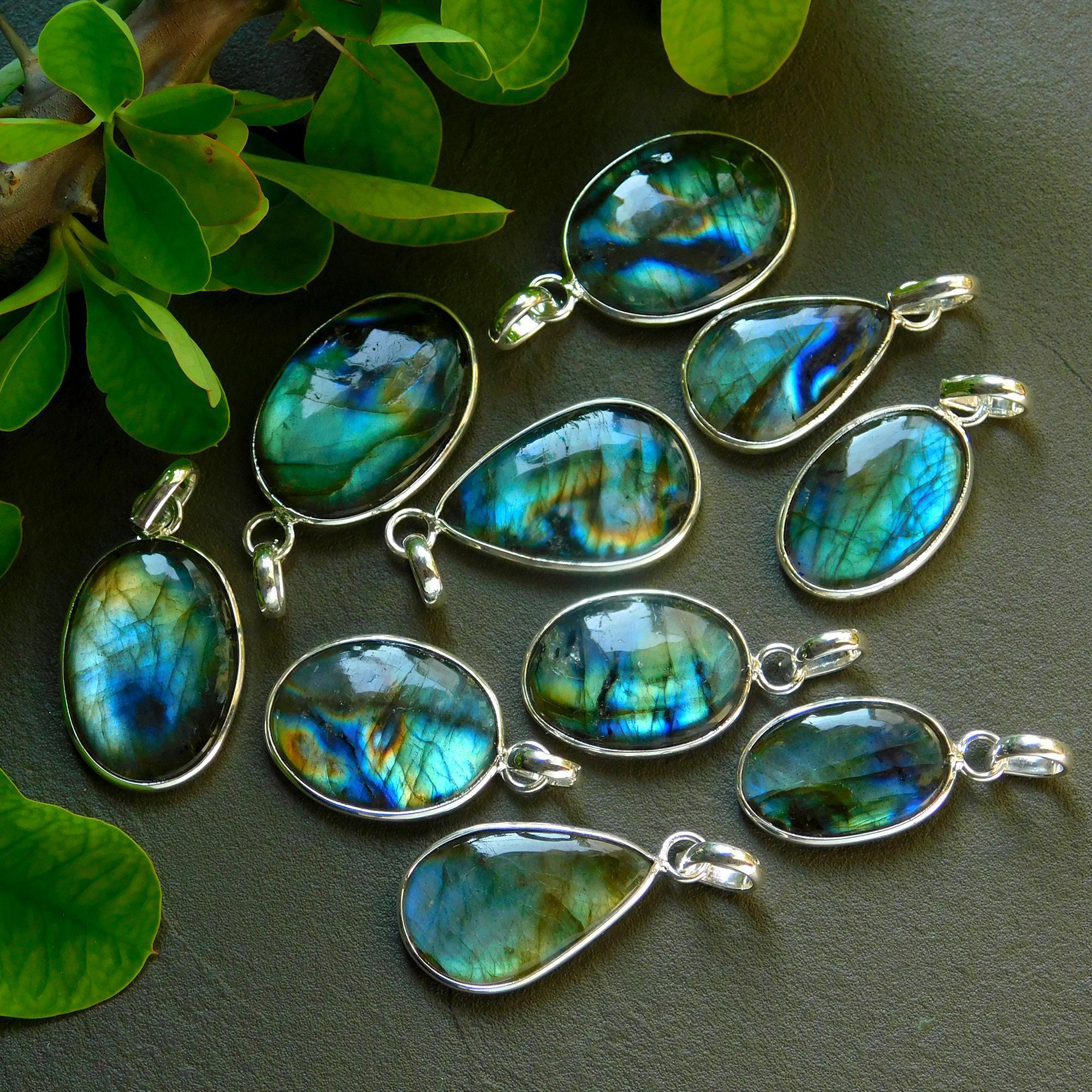 10 Pcs 145 Cts Natural Labradorite Silver Plated Pendant Semi-Precious Healing Crystal Jewelry Lots 16x29-13x25mm 12445