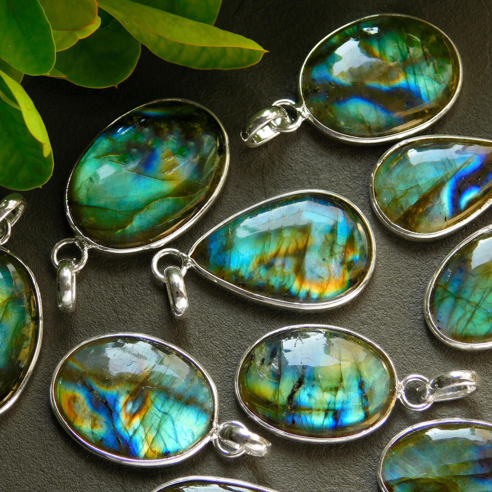 10 Pcs 145 Cts Natural Labradorite Silver Plated Pendant Semi-Precious Healing Crystal Jewelry Lots 16x29-13x25mm 12445