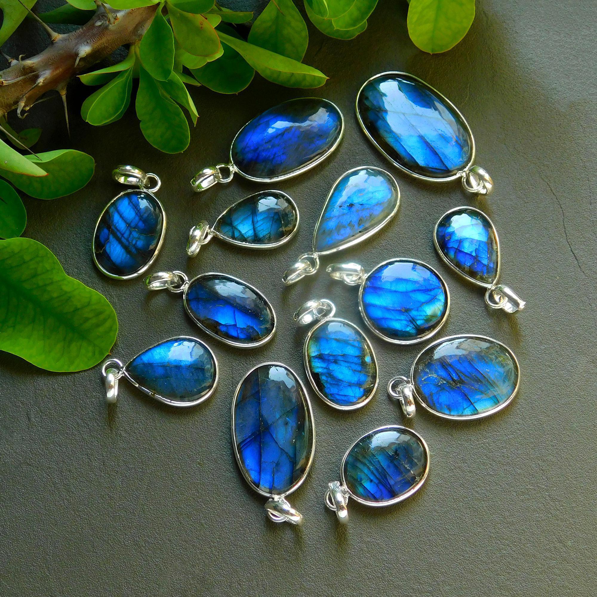 13 Pcs 180 Cts Natural Labradorite Silver Plated Pendant Semi-Precious Healing Crystal Jewelry Lots 19x35-13x23mm 12446