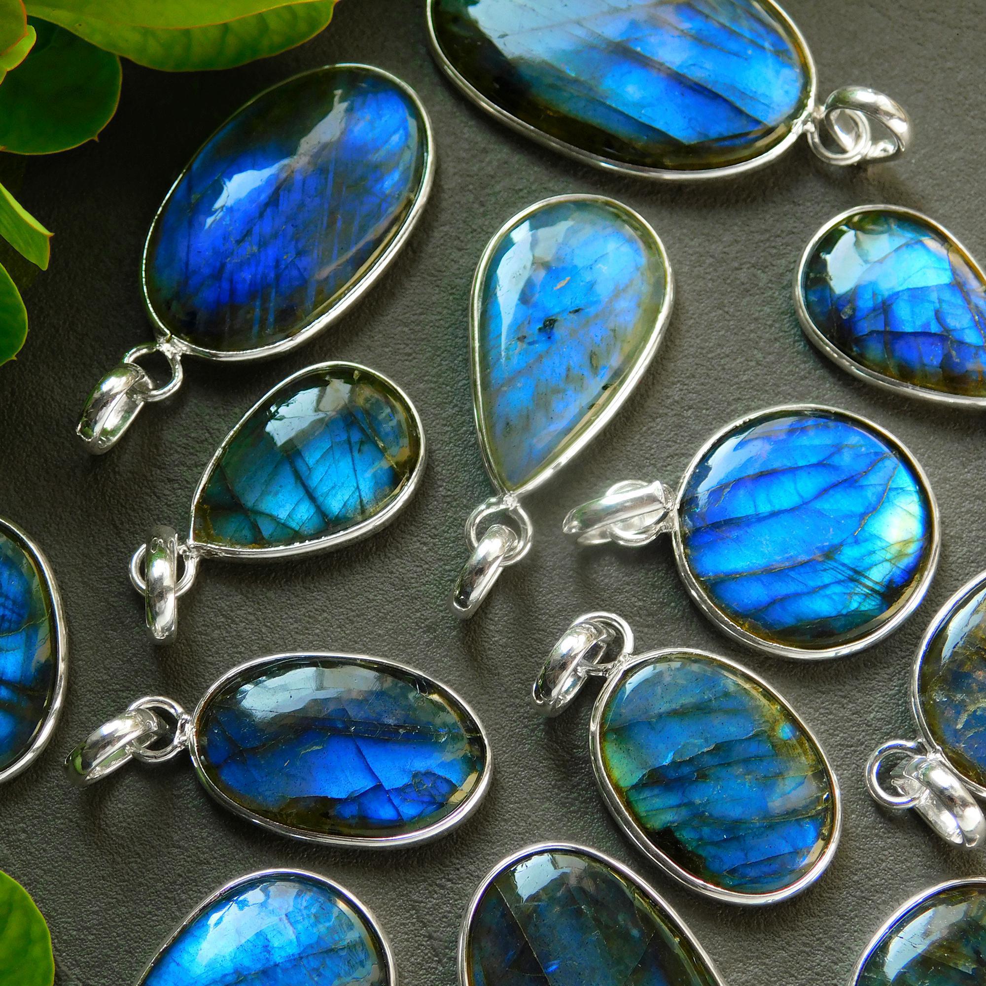13 Pcs 180 Cts Natural Labradorite Silver Plated Pendant Semi-Precious Healing Crystal Jewelry Lots 19x35-13x23mm 12446