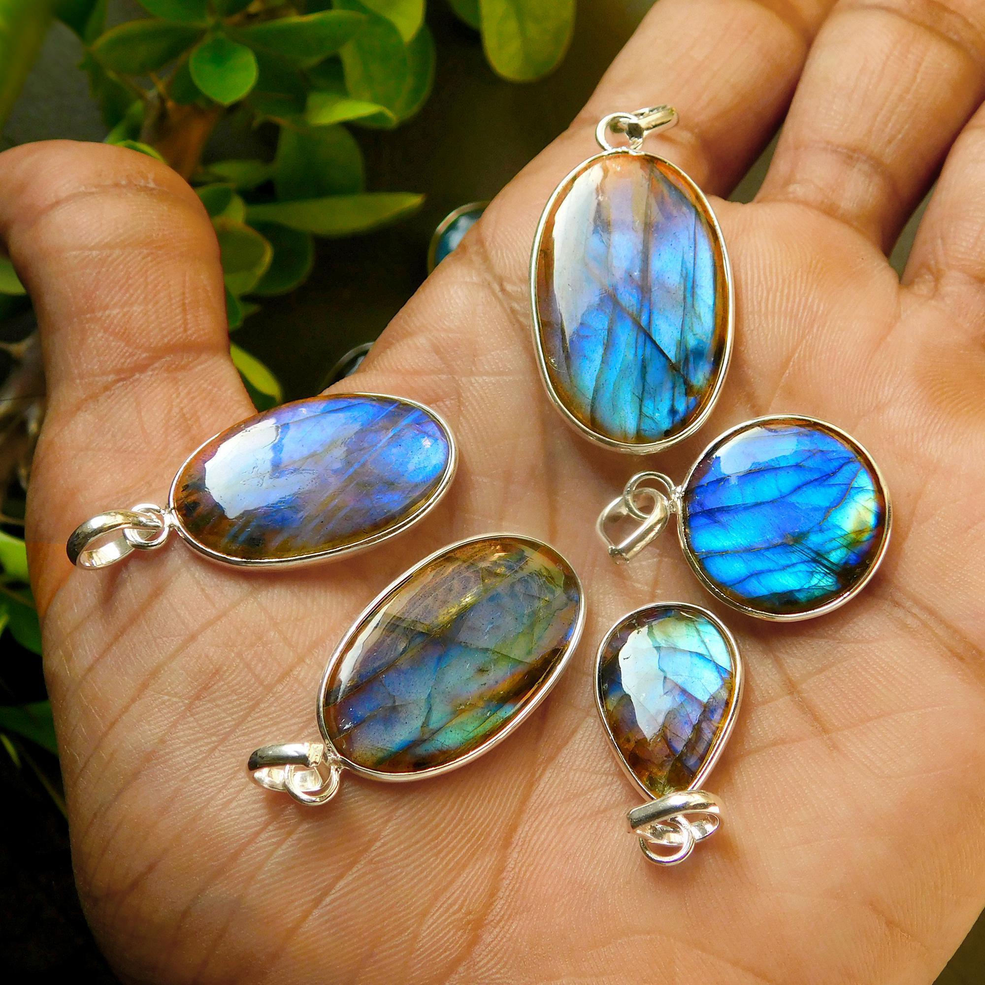 13 Pcs 180 Cts Natural Labradorite Silver Plated Pendant Semi-Precious Healing Crystal Jewelry Lots 19x35-13x23mm 12446