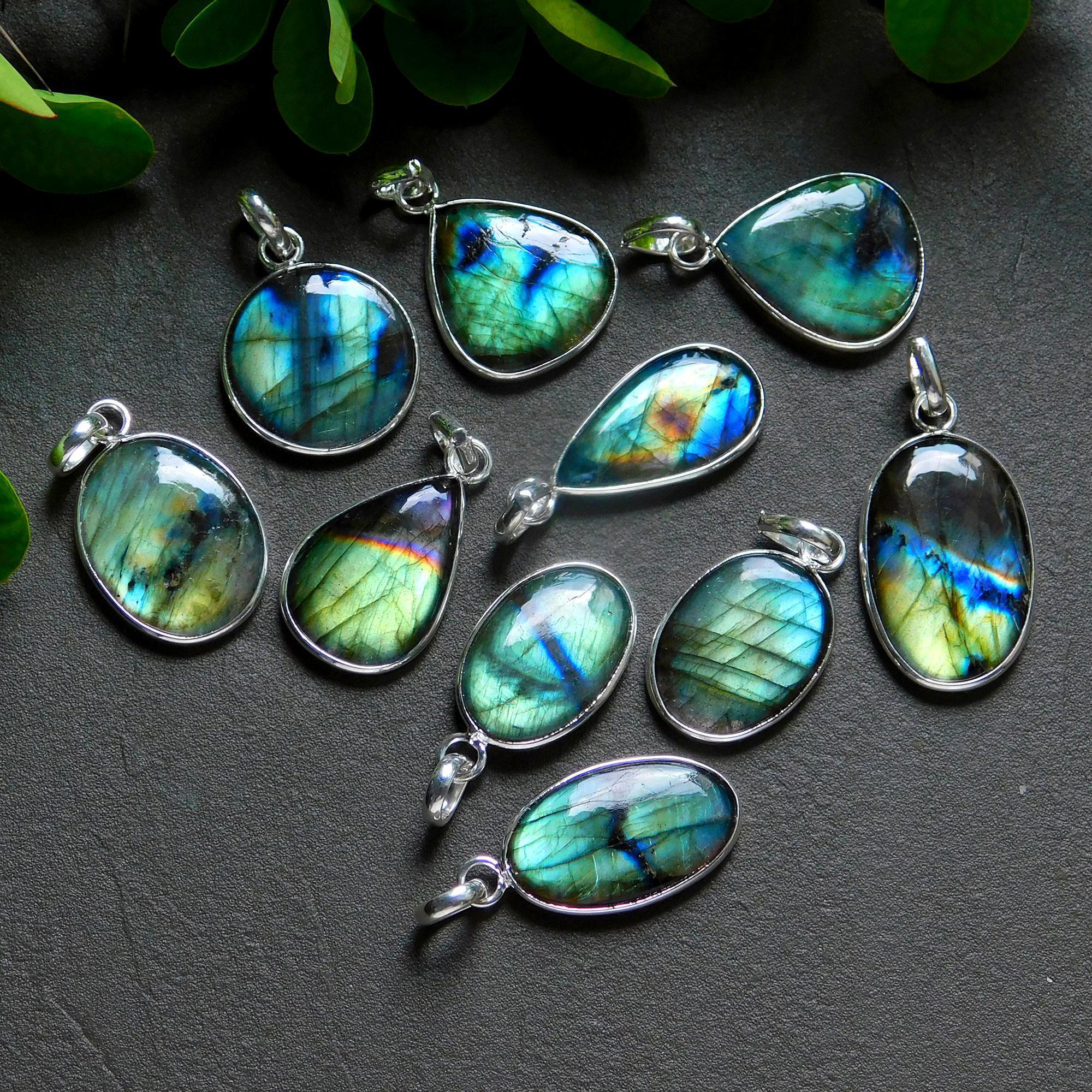 10 Pcs 145 Cts Natural Labradorite Silver Plated Pendant Semi-Precious Healing Crystal Jewelry Lots 17x31-14x26mm 12455