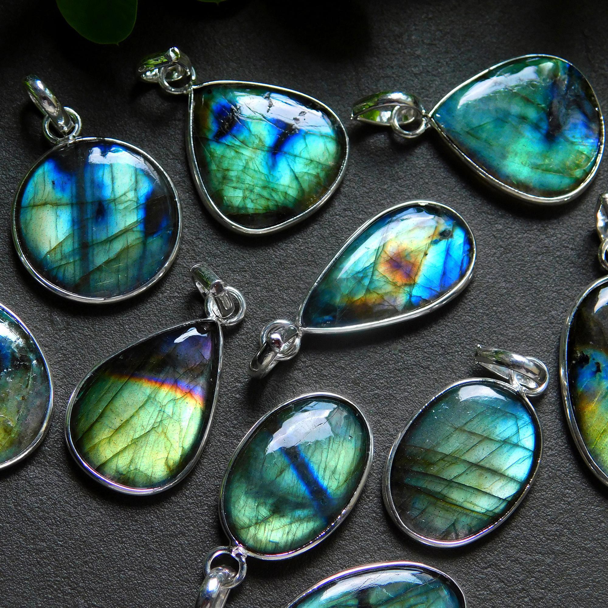 10 Pcs 145 Cts Natural Labradorite Silver Plated Pendant Semi-Precious Healing Crystal Jewelry Lots 17x31-14x26mm 12455