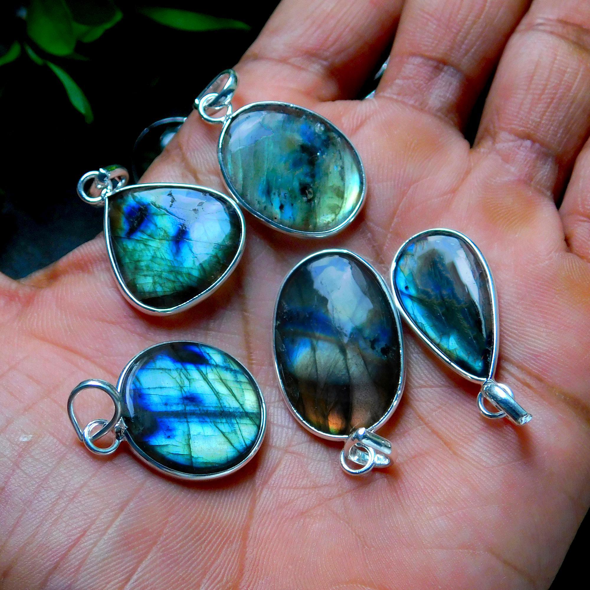 10 Pcs 145 Cts Natural Labradorite Silver Plated Pendant Semi-Precious Healing Crystal Jewelry Lots 17x31-14x26mm 12455