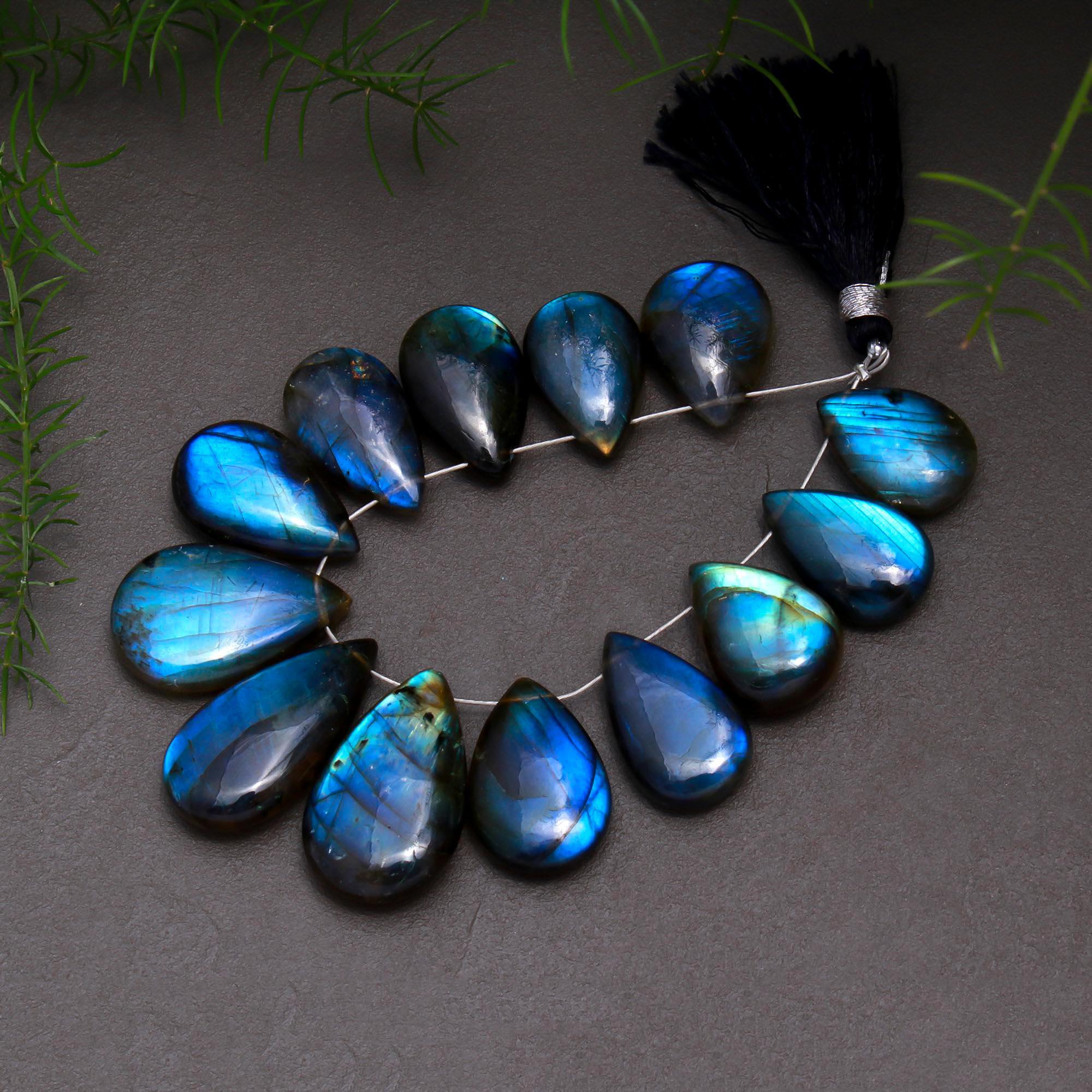 13 Pcs 166 Cts Natural Multifire Labradorite Side to Side Drill Smooth Briolette Layout Loose Gemstone Wholesale Lot Size 11x17-13x25mm  R-12798