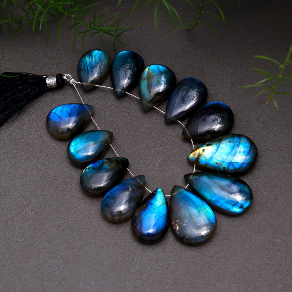 Image of 13 Pcs 166 Cts Natural Multifire Labradorite Side to Side Drill Smooth Briolette Layout Loose Gemstone Wholesale Lot Size 11x17-13x25mm # R-12798