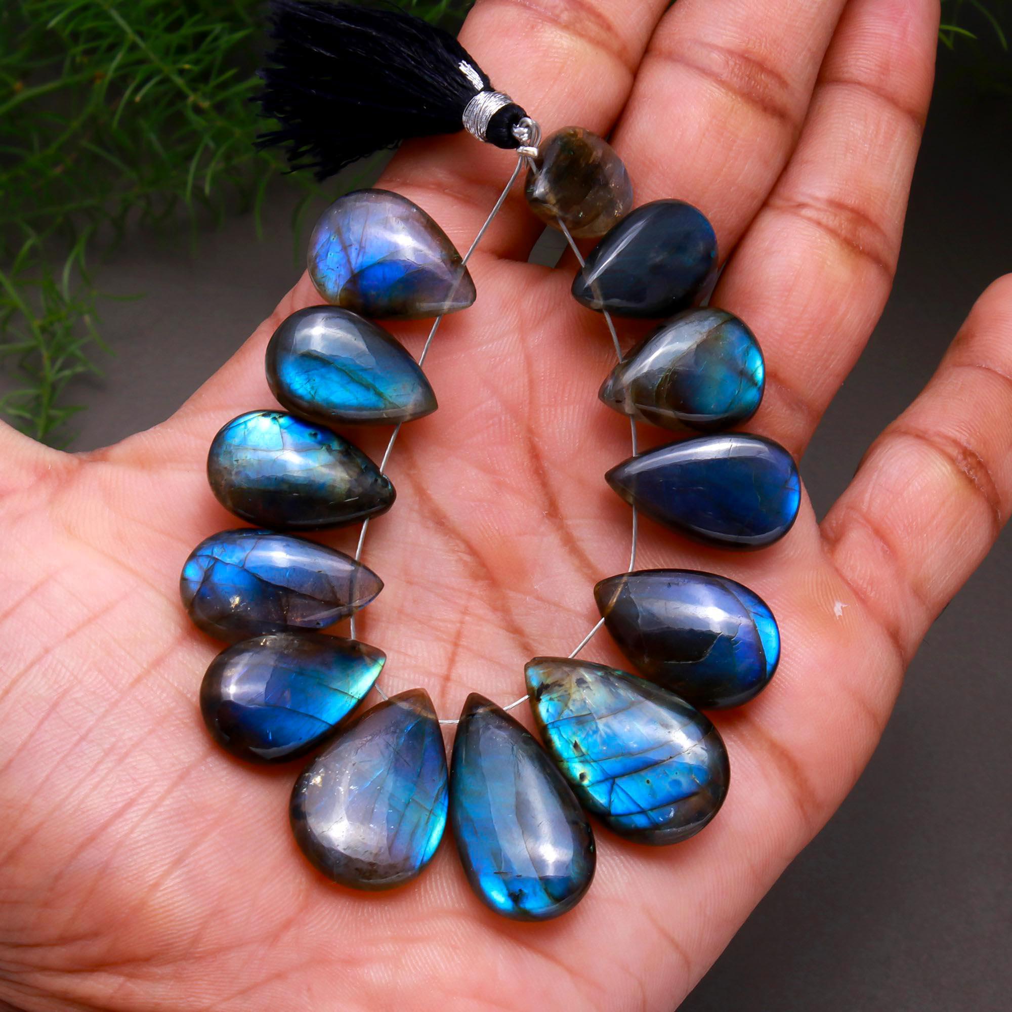 13 Pcs 166 Cts Natural Multifire Labradorite Side to Side Drill Smooth Briolette Layout Loose Gemstone Wholesale Lot Size 11x17-13x25mm  R-12798