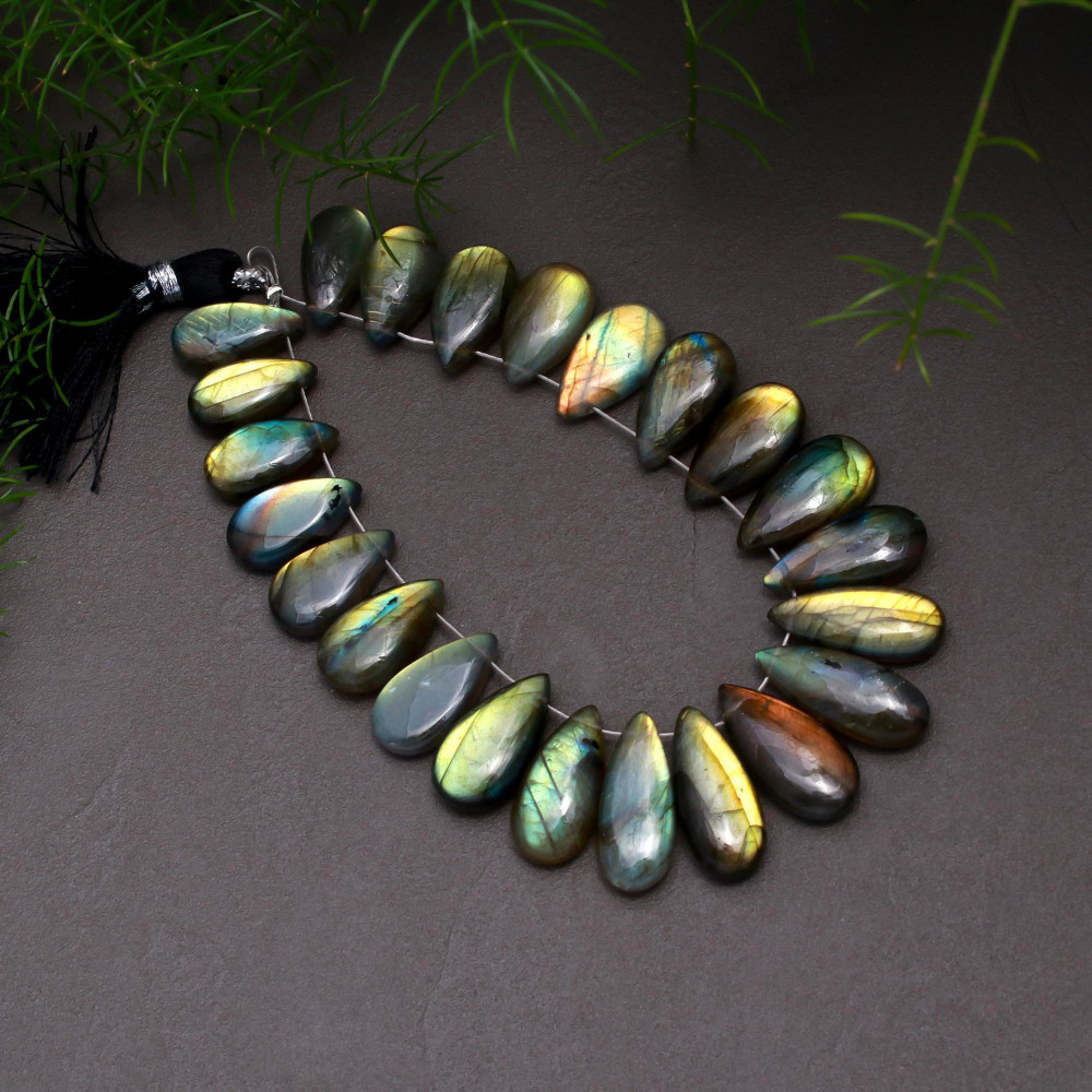 Image of 23 Pcs 146 Cts Natural Multifire Labradorite Side to Side Drill Smooth Briolette Layout Loose Gemstone Wholesale Lot Size 7x15-7x20mm # R-12800