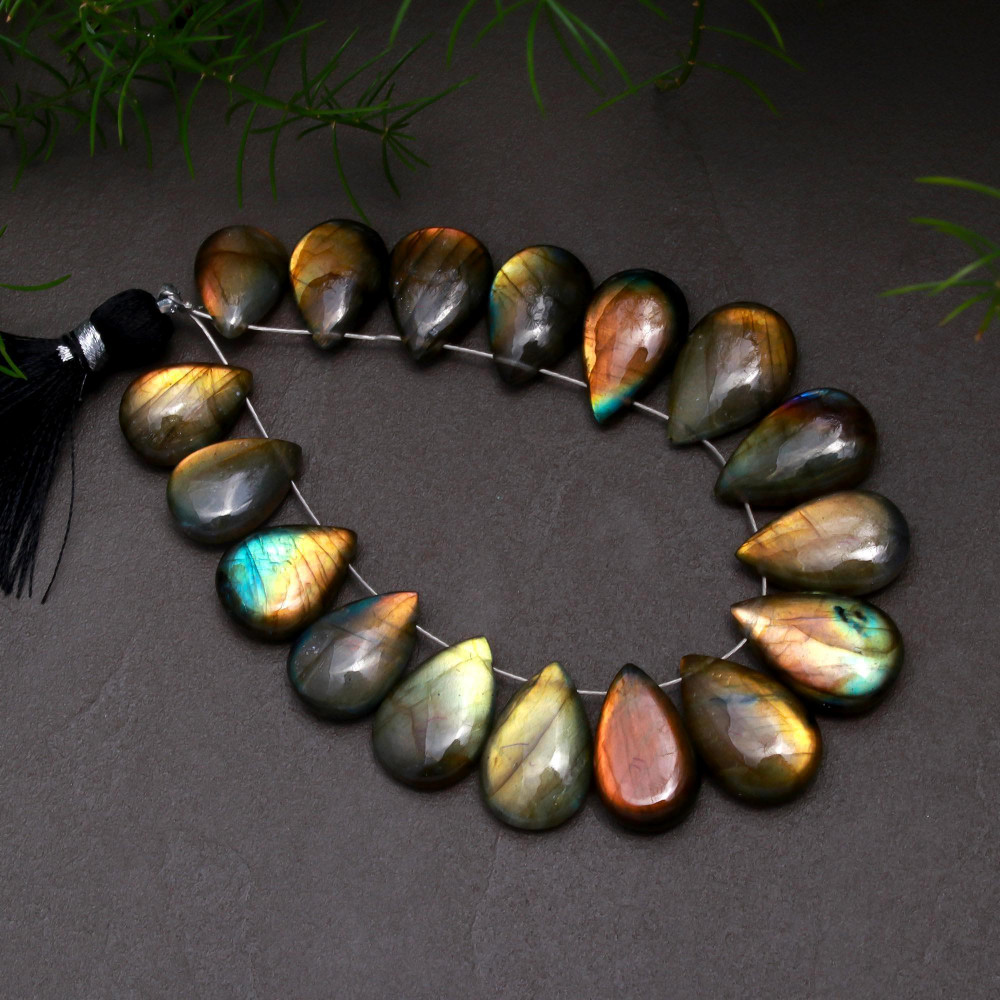 Image of 17 Pcs 117 Cts Natural Multifire Labradorite Side to Side Drill Smooth Briolette Layout Loose Gemstone Wholesale Lot Size 9x14-11x17mm # R-12802