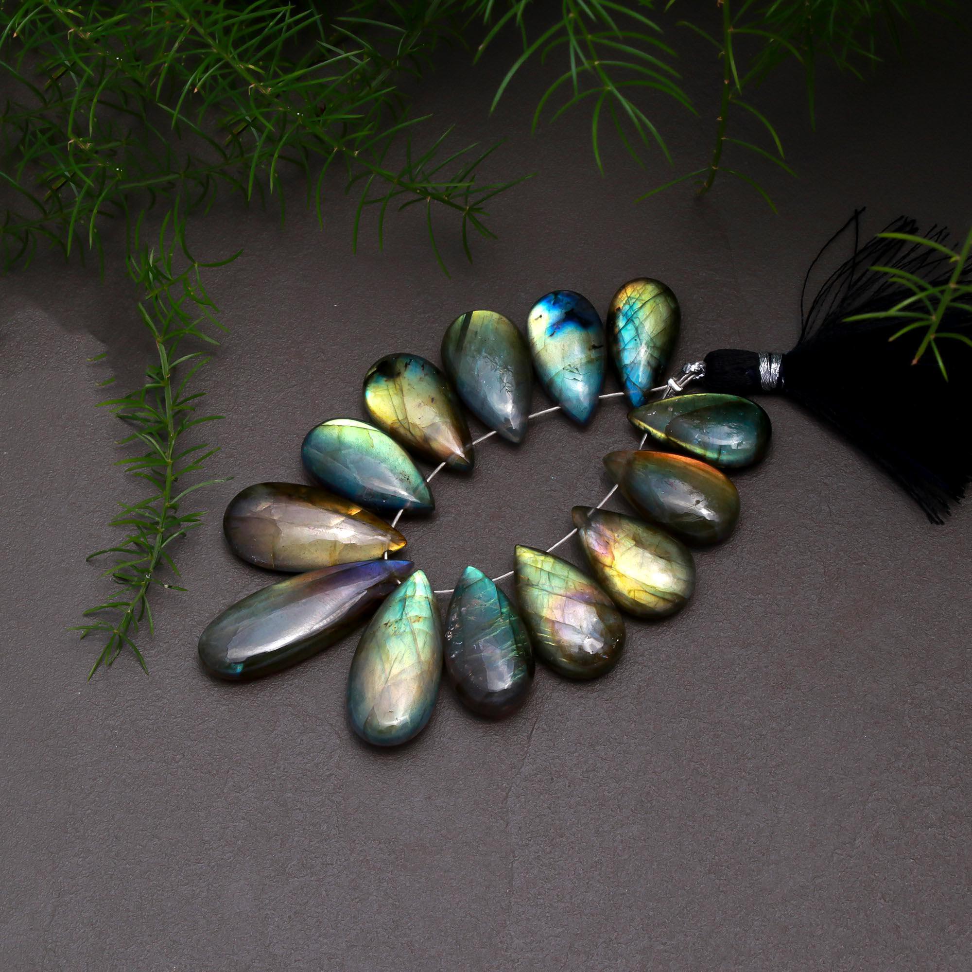 13 Pcs 143 Cts Natural Multifire Labradorite Side to Side Drill Smooth Briolette Layout Loose Gemstone Wholesale Lot Size 9x18-10x30mm  R-12803