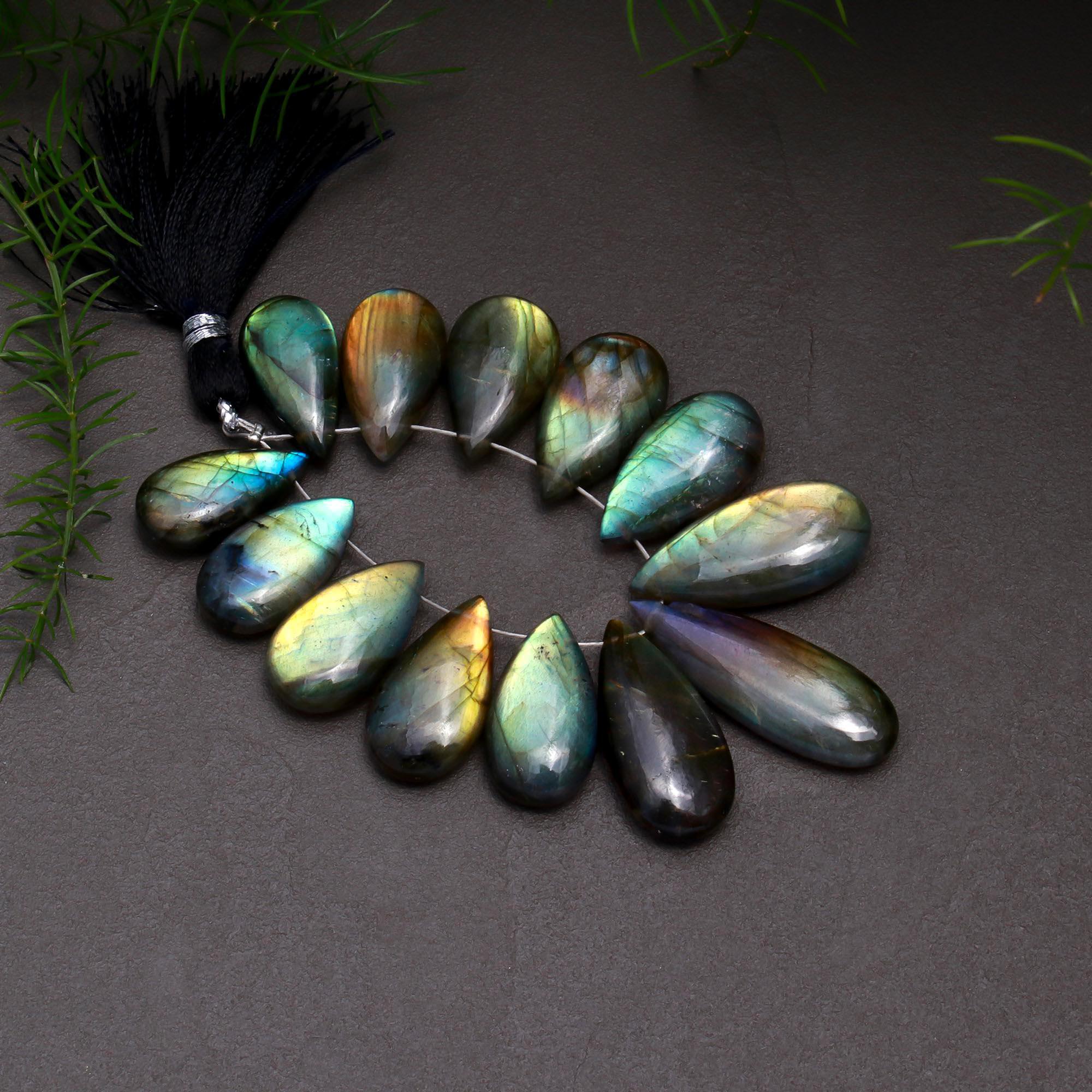 13 Pcs 143 Cts Natural Multifire Labradorite Side to Side Drill Smooth Briolette Layout Loose Gemstone Wholesale Lot Size 9x18-10x30mm  R-12803