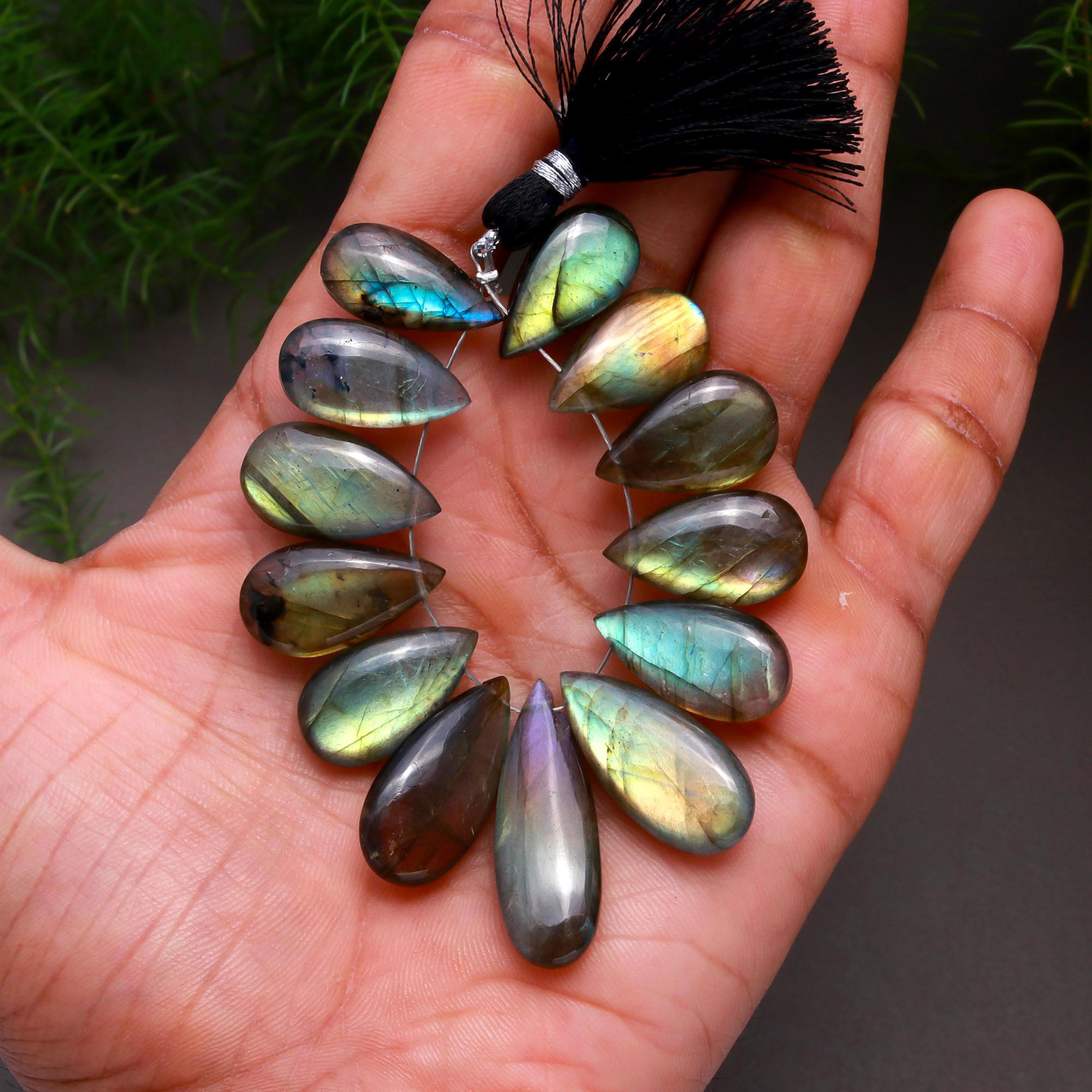 13 Pcs 143 Cts Natural Multifire Labradorite Side to Side Drill Smooth Briolette Layout Loose Gemstone Wholesale Lot Size 9x18-10x30mm  R-12803