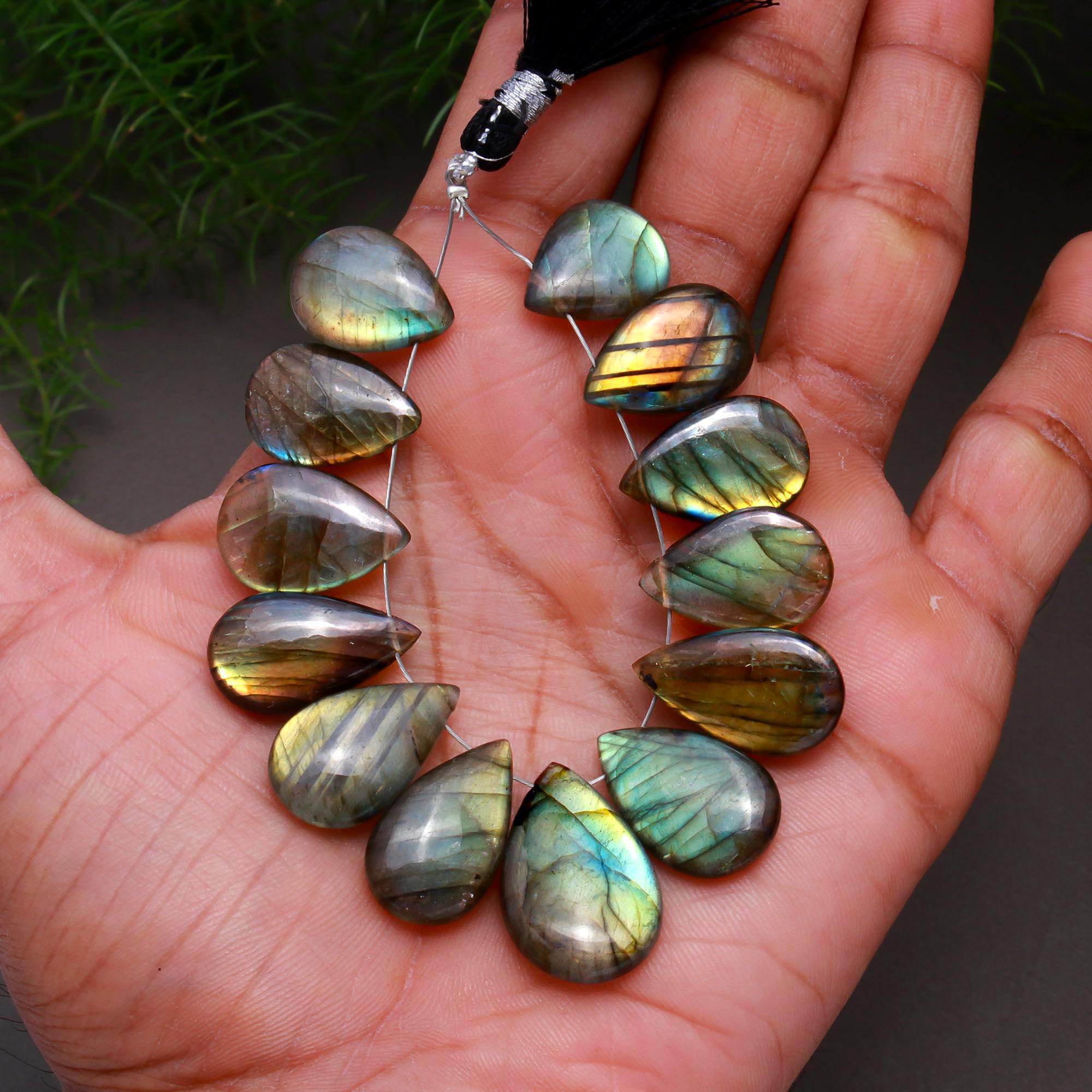 13 Pcs 123 Cts Natural Multifire Labradorite Side to Side Drill Smooth Briolette Layout Loose Gemstone Wholesale Lot Size 12x16-14x22mm  R-12806