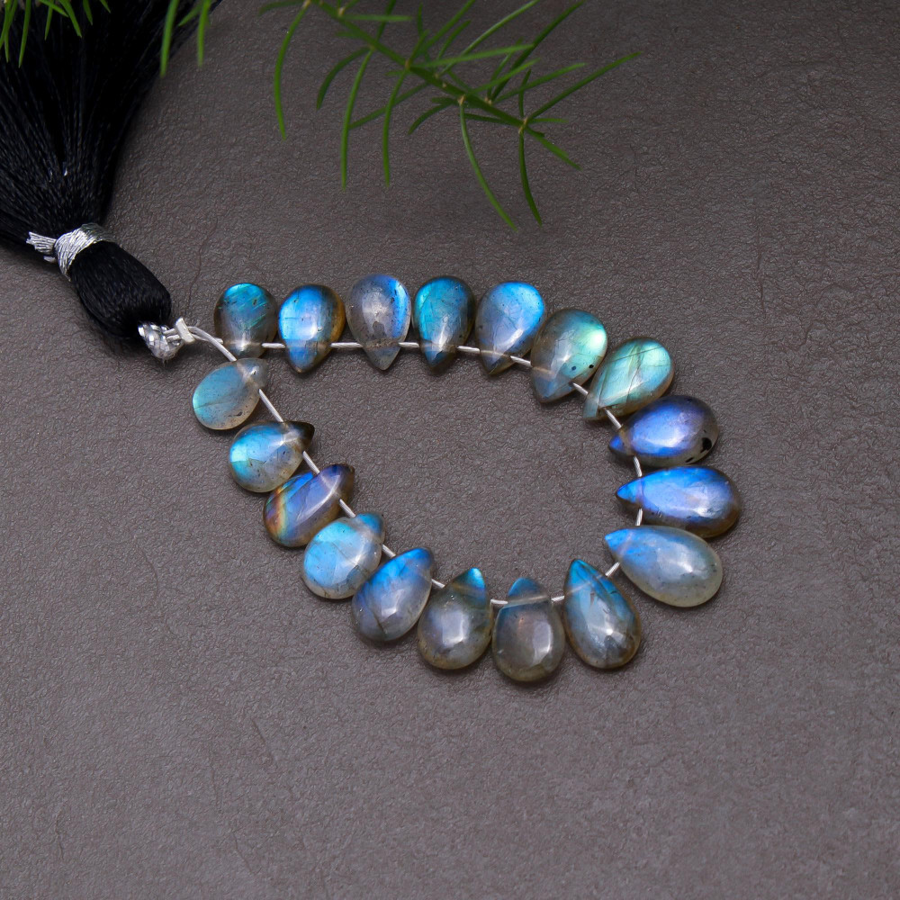 Image of 18 Pcs 22 Cts Natural Multifire Labradorite Side to Side Drill Smooth Briolette Layout Loose Gemstone Wholesale Lot Size 5x7-6x10mm # R-12809