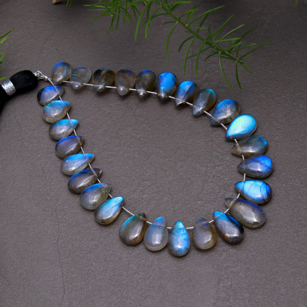 Image of 27 Pcs 47 Cts Natural Multifire Labradorite Side to Side Drill Smooth Briolette Layout Loose Gemstone Wholesale Lot Size 6x8-6x12mm # R-12810