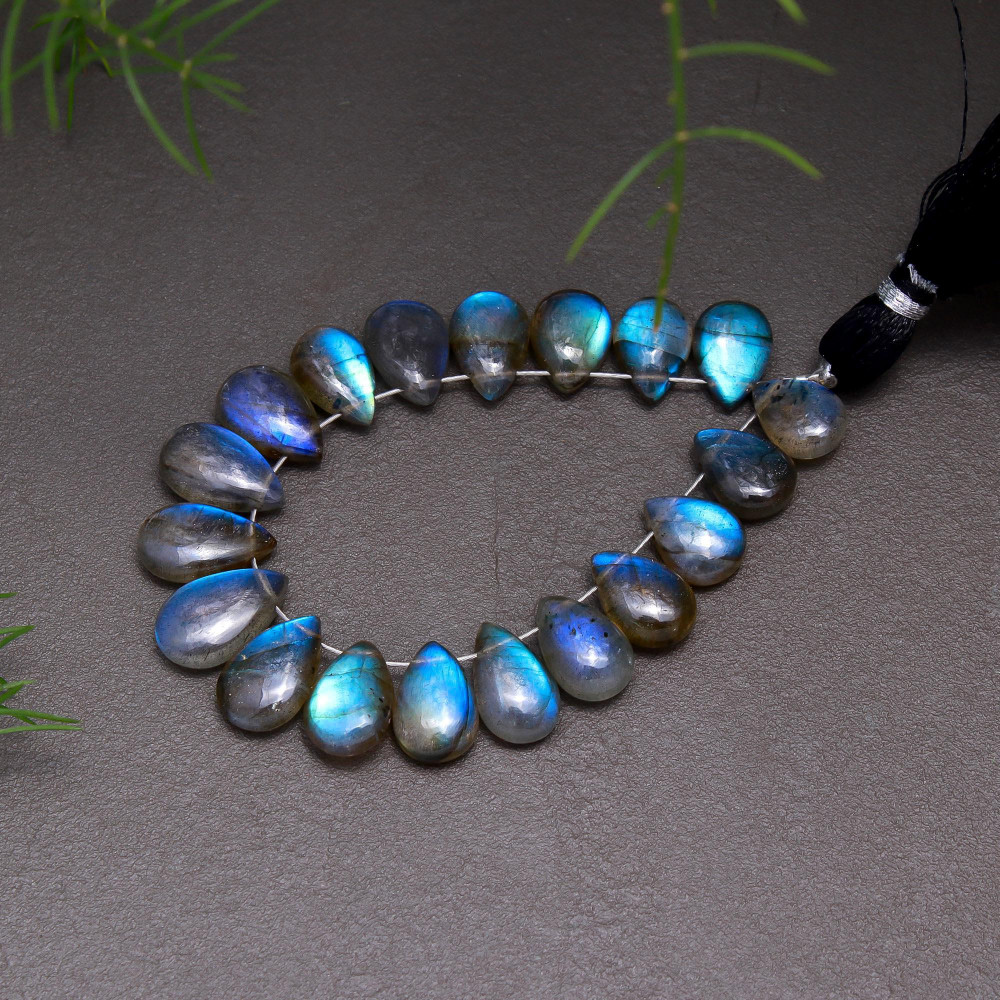 Image of 19 Pcs 52 Cts Natural Multifire Labradorite Side to Side Drill Smooth Briolette Layout Loose Gemstone Wholesale Lot Size 7x9-7x12mm # R-12813