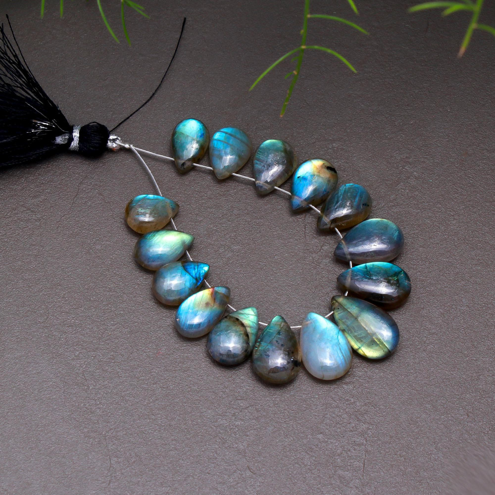 Image of 15 Pcs 70 Cts Natural Multifire Labradorite Side to Side Drill Smooth Briolette Layout Loose Gemstone Wholesale Lot Size 8x10-10x16mm # R-12816