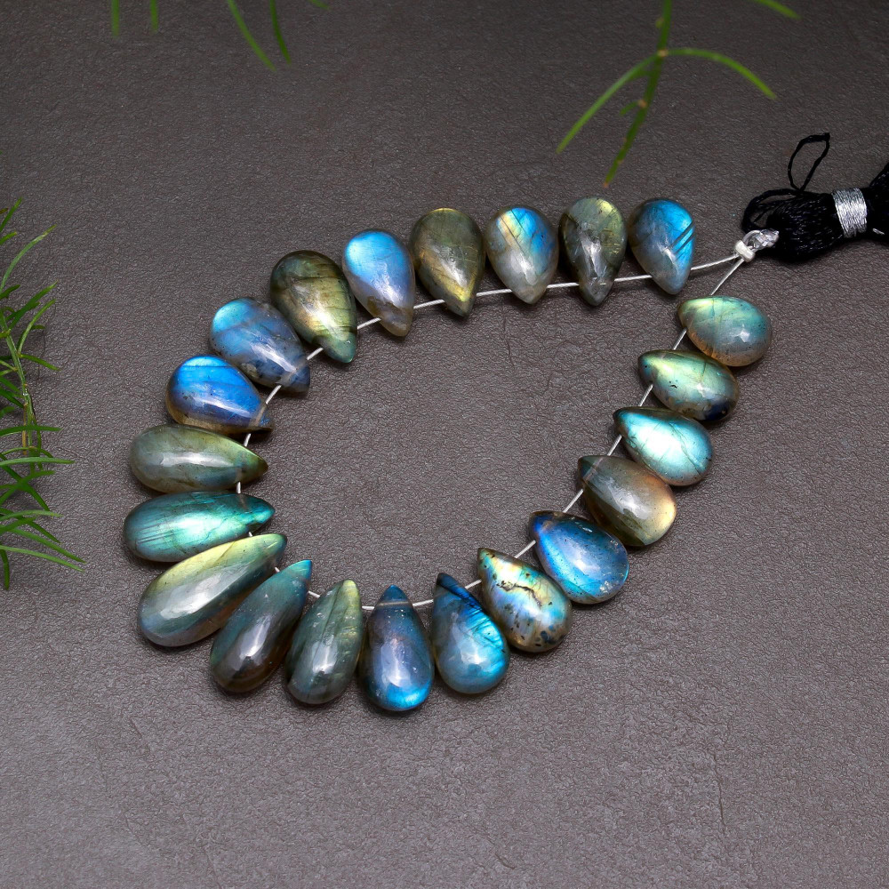 Image of 21 Pcs 76 Cts Natural Multifire Labradorite Side to Side Drill Smooth Briolette Layout Loose Gemstone Wholesale Lot Size 7x10-7x16mm # R-12817