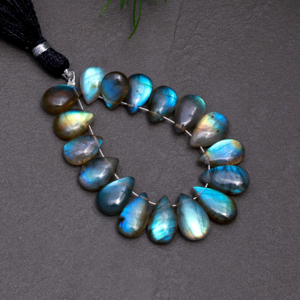 Image of 17 Pcs 45 Cts Natural Multifire Labradorite Side to Side Drill Smooth Briolette Layout Loose Gemstone Wholesale Lot Size 7x10-7x13mm # R-12822