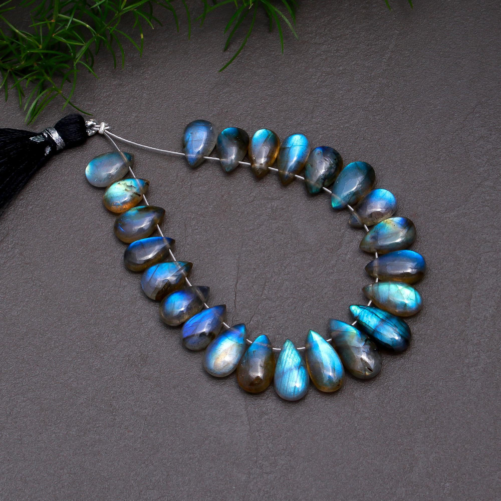 Image of 23 Pcs 54 Cts Natural Multifire Labradorite Side to Side Drill Smooth Briolette Layout Loose Gemstone Wholesale Lot Size 6x10-6x13mm # R-12824