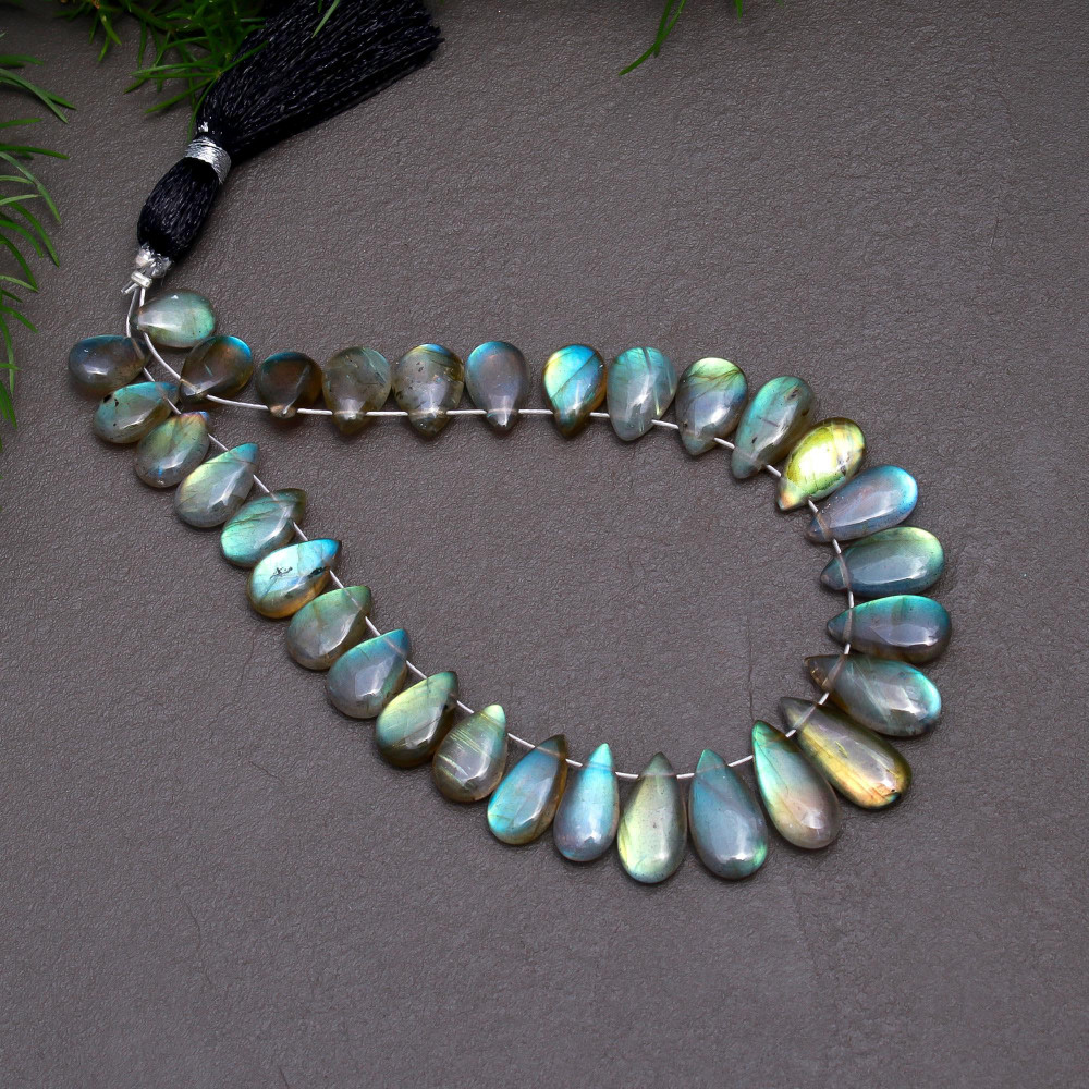 Image of 31 Pcs 54 Cts Natural Multifire Labradorite Side to Side Drill Smooth Briolette Layout Loose Gemstone Wholesale Lot Size 5x8-6x14mm # R-12826