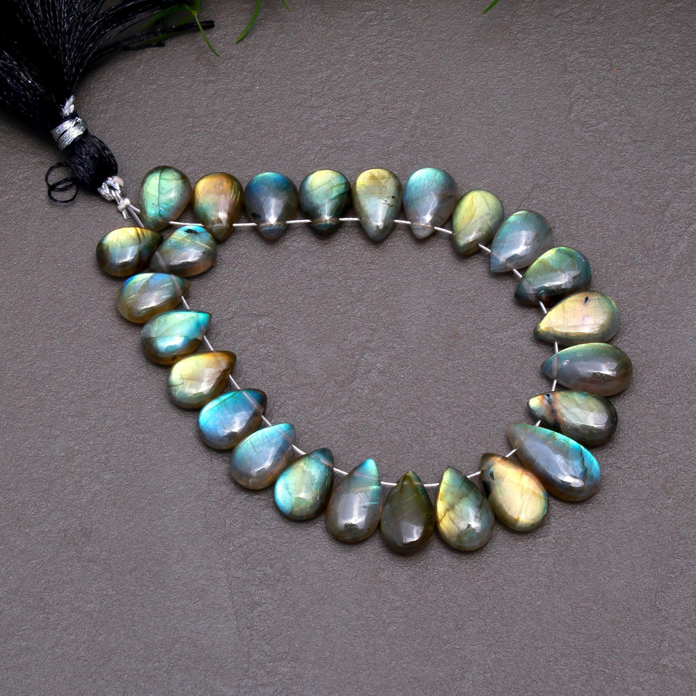 Image of 25 Pcs 70 Cts Natural Multifire Labradorite Side to Side Drill Smooth Briolette Layout Loose Gemstone Wholesale Lot Size 7x10-7x15mm # R-12827