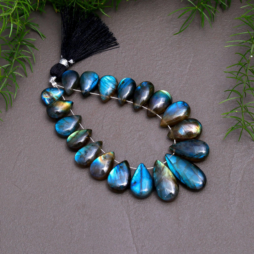 Image of 19 Pcs 96 Cts Natural Multifire Labradorite Side to Side Drill Smooth Briolette Layout Loose Gemstone Wholesale Lot Size 8x10-10x20mm # R-12833