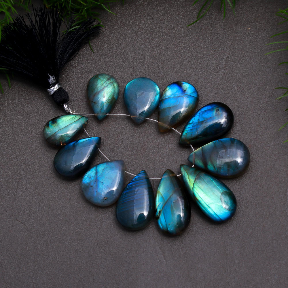 Image of 11 Pcs 126 Cts Natural Multifire Labradorite Side to Side Drill Smooth Briolette Layout Loose Gemstone Wholesale Lot Size 10x16-12x25mm # R-12837