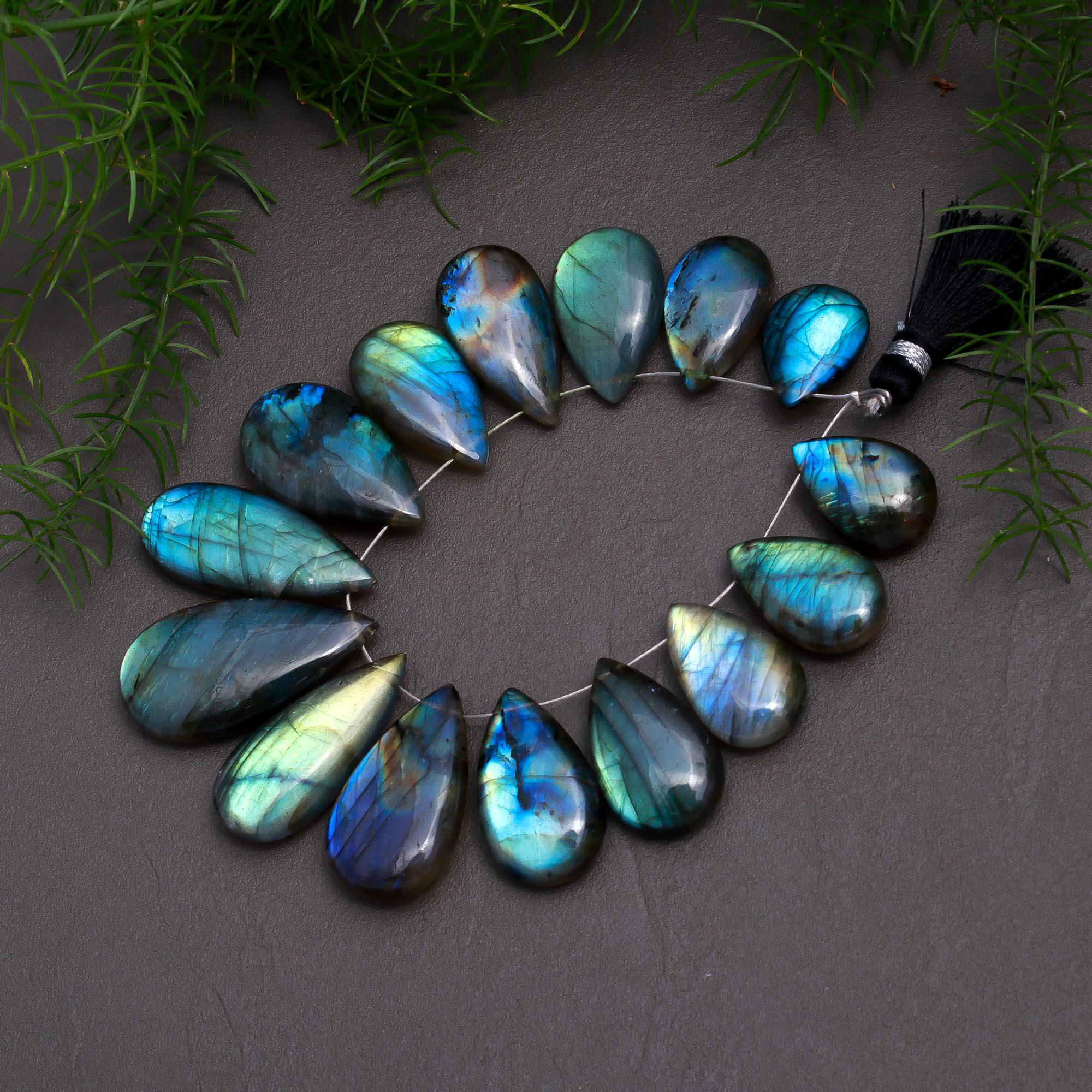 15 Pcs 206 Cts Natural Multifire Labradorite Side to Side Drill Smooth Briolette Layout Loose Gemstone Wholesale Lot Size 12x18-15x30mm  R-12838