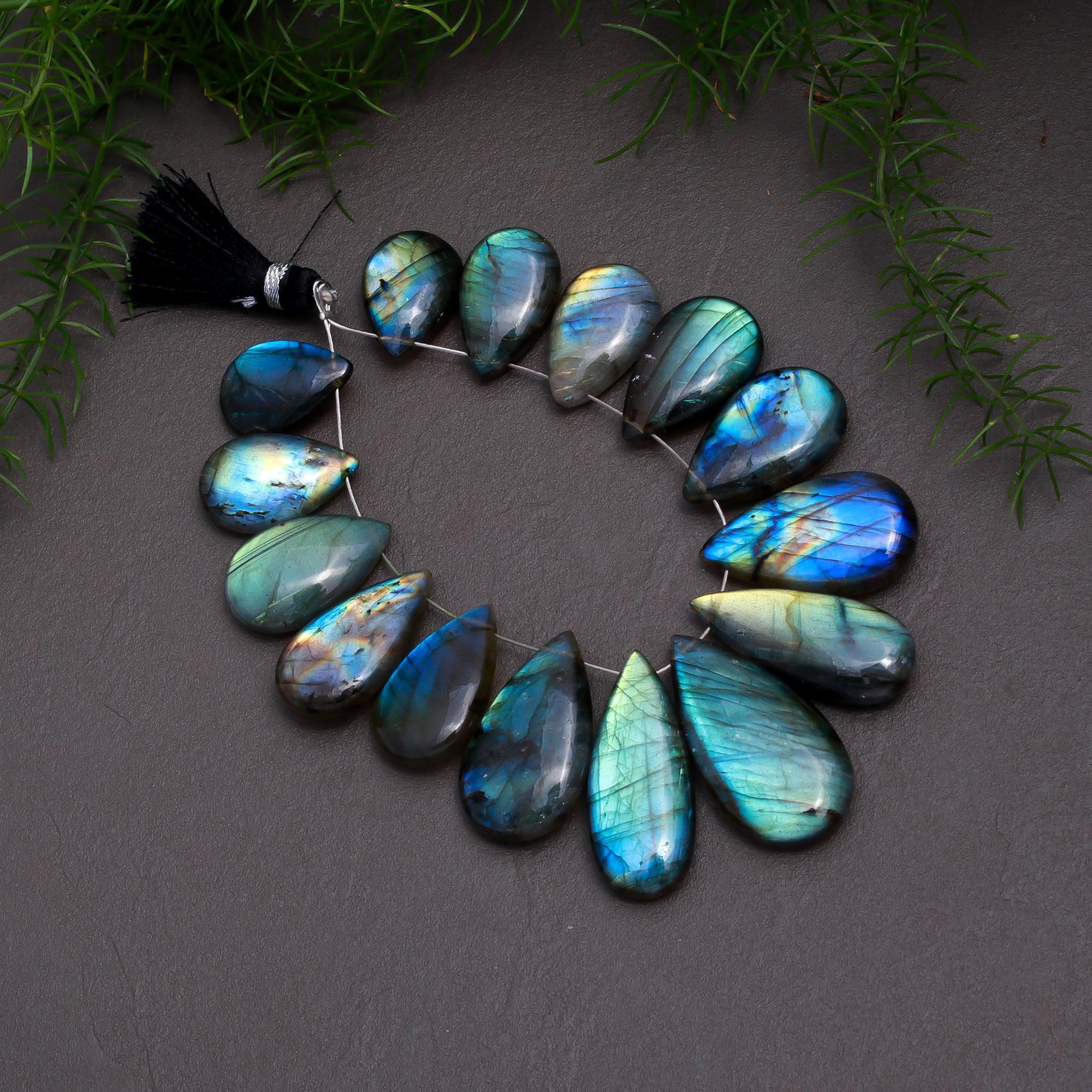 15 Pcs 206 Cts Natural Multifire Labradorite Side to Side Drill Smooth Briolette Layout Loose Gemstone Wholesale Lot Size 12x18-15x30mm  R-12838