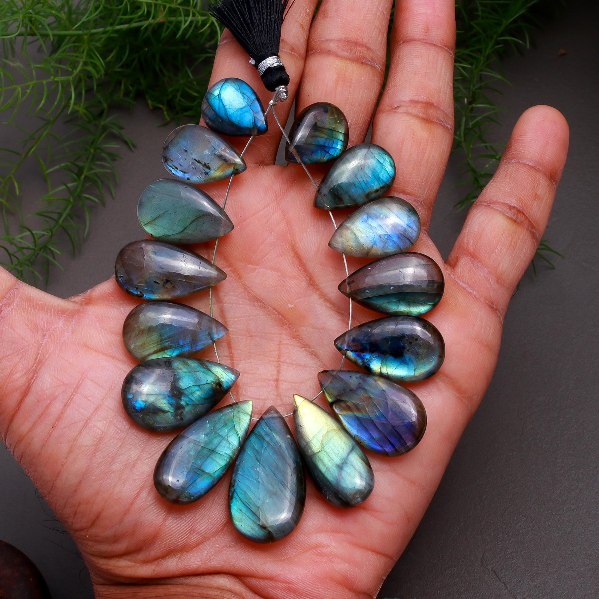 15 Pcs 206 Cts Natural Multifire Labradorite Side to Side Drill Smooth Briolette Layout Loose Gemstone Wholesale Lot Size 12x18-15x30mm  R-12838