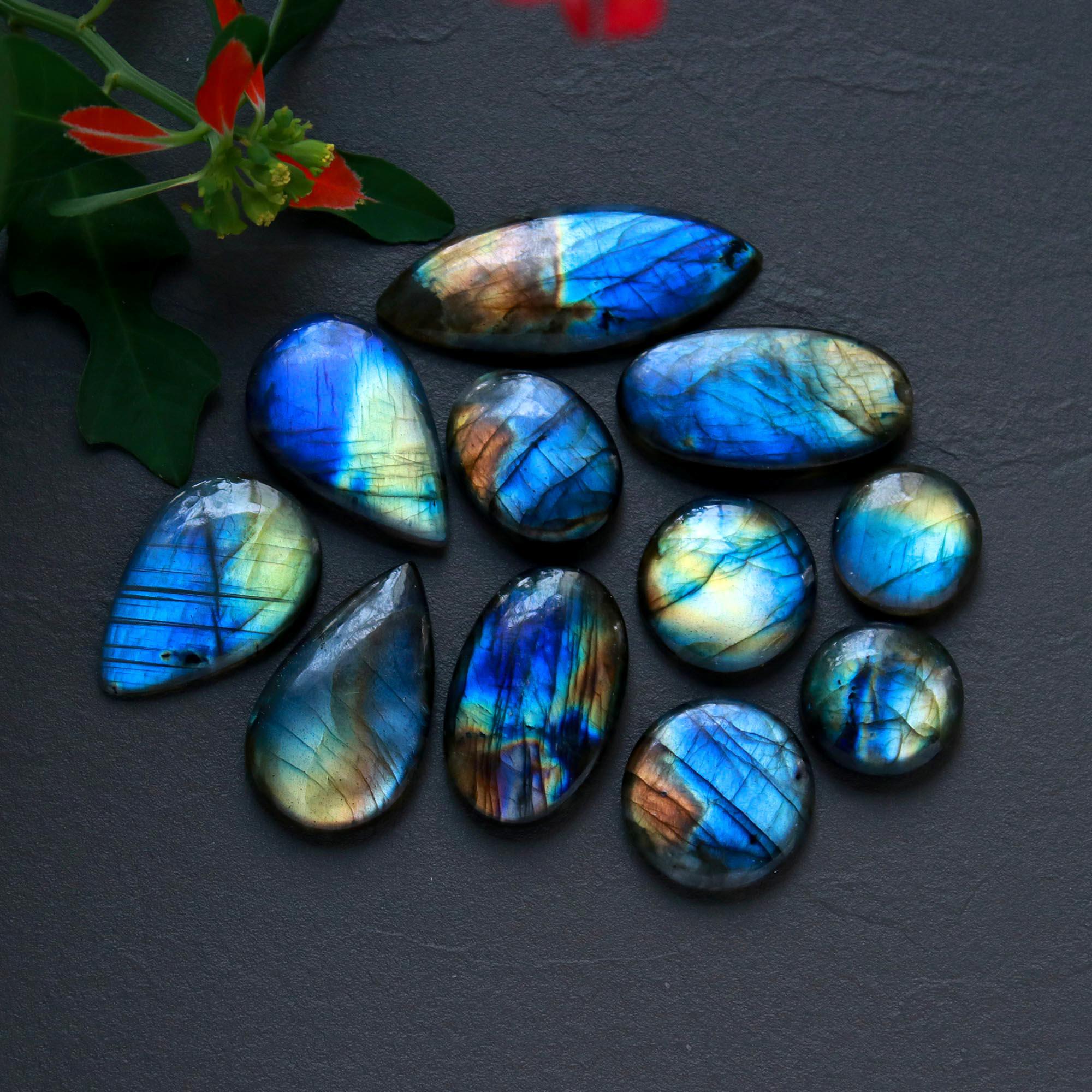 11Pcs 210Cts  Natural Labradorite Cabochon Loose Gemstone Jewelry Wire Wrapped Pendant Semi-Precious Healing Crystal Lots15x15-42x15mm 12899