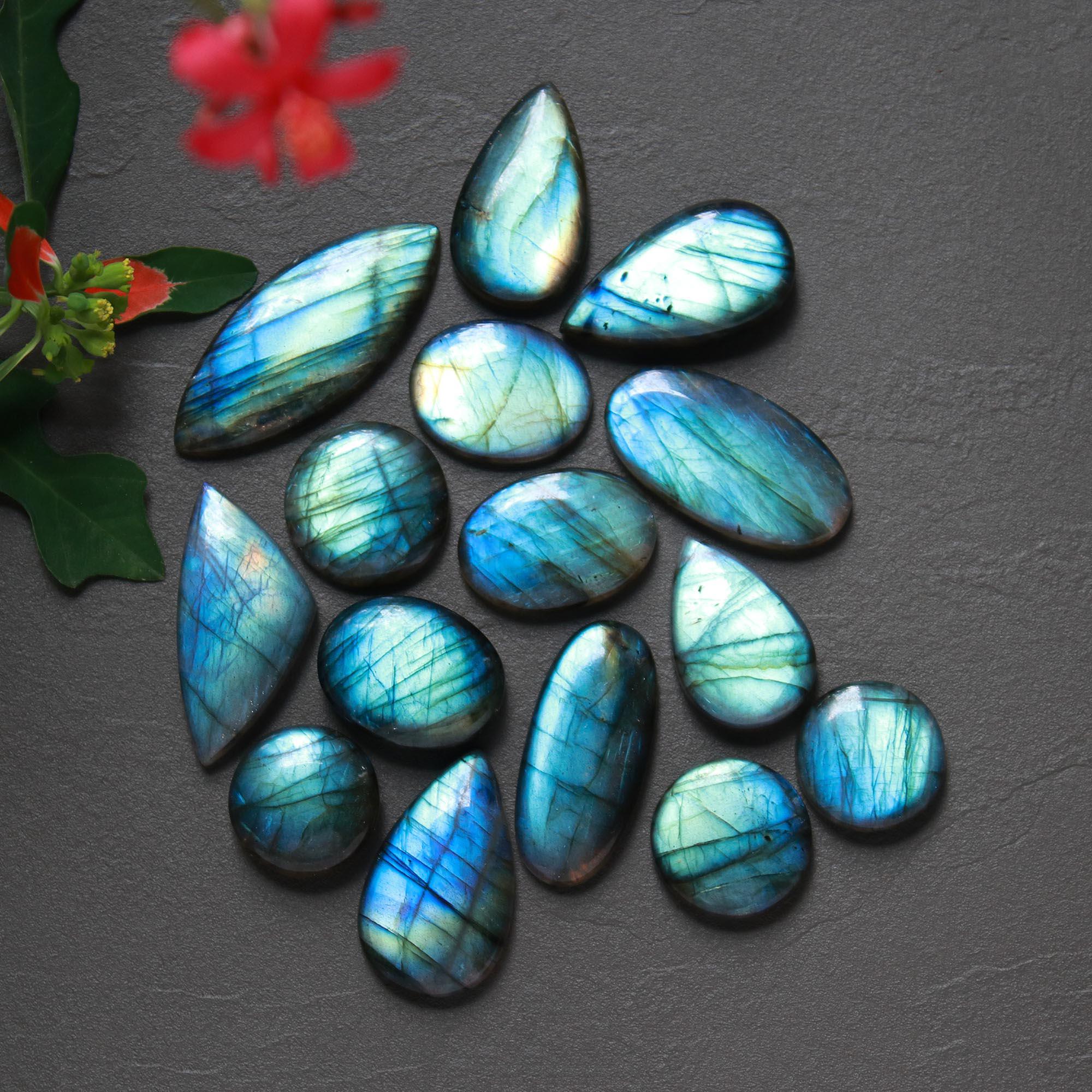 15Pcs 300Cts  Natural Labradorite Cabochon Loose Gemstone Jewelry Wire Wrapped Pendant Semi-Precious Healing Crystal Lots21x16-40x16mm 12903