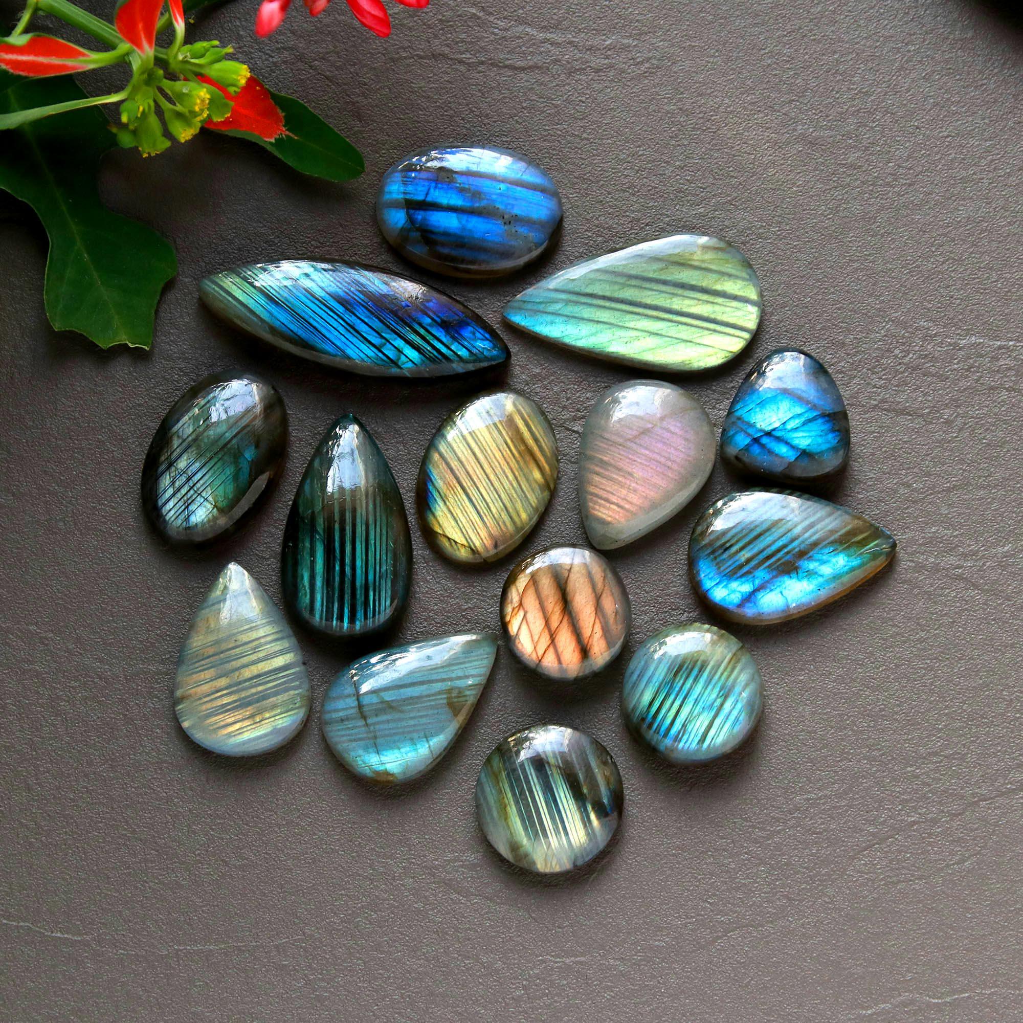 14Pcs 172Cts  Natural Labradorite Cabochon Loose Gemstone Jewelry Wire Wrapped Pendant Semi-Precious Healing Crystal Lots14x14-34x12mm 12934