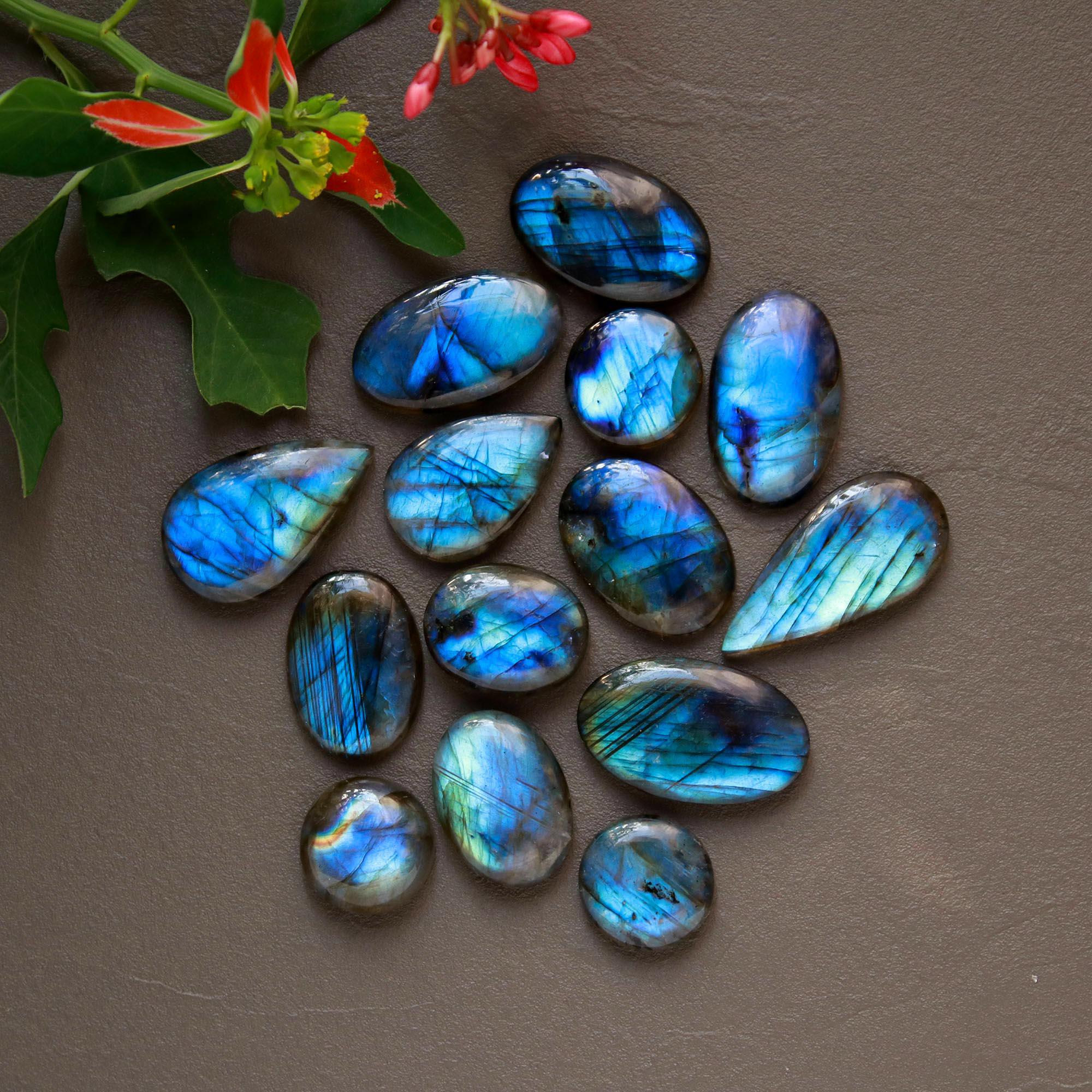 14Pcs 164Cts  Natural Labradorite Cabochon Loose Gemstone Jewelry Wire Wrapped Pendant Semi-Precious Healing Crystal Lots14x14-28x13mm 12936