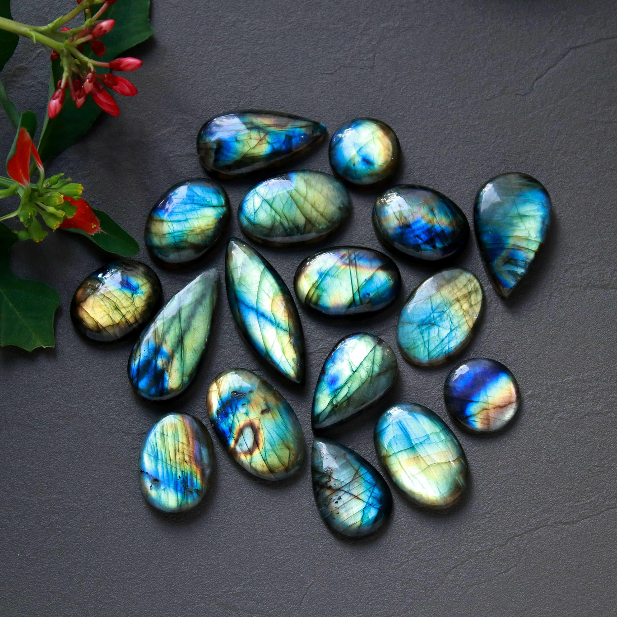 17Pcs 238Cts  Natural Labradorite Cabochon Loose Gemstone Jewelry Wire Wrapped Pendant Semi-Precious Healing Crystal Lots14x14-34x12mm 12938