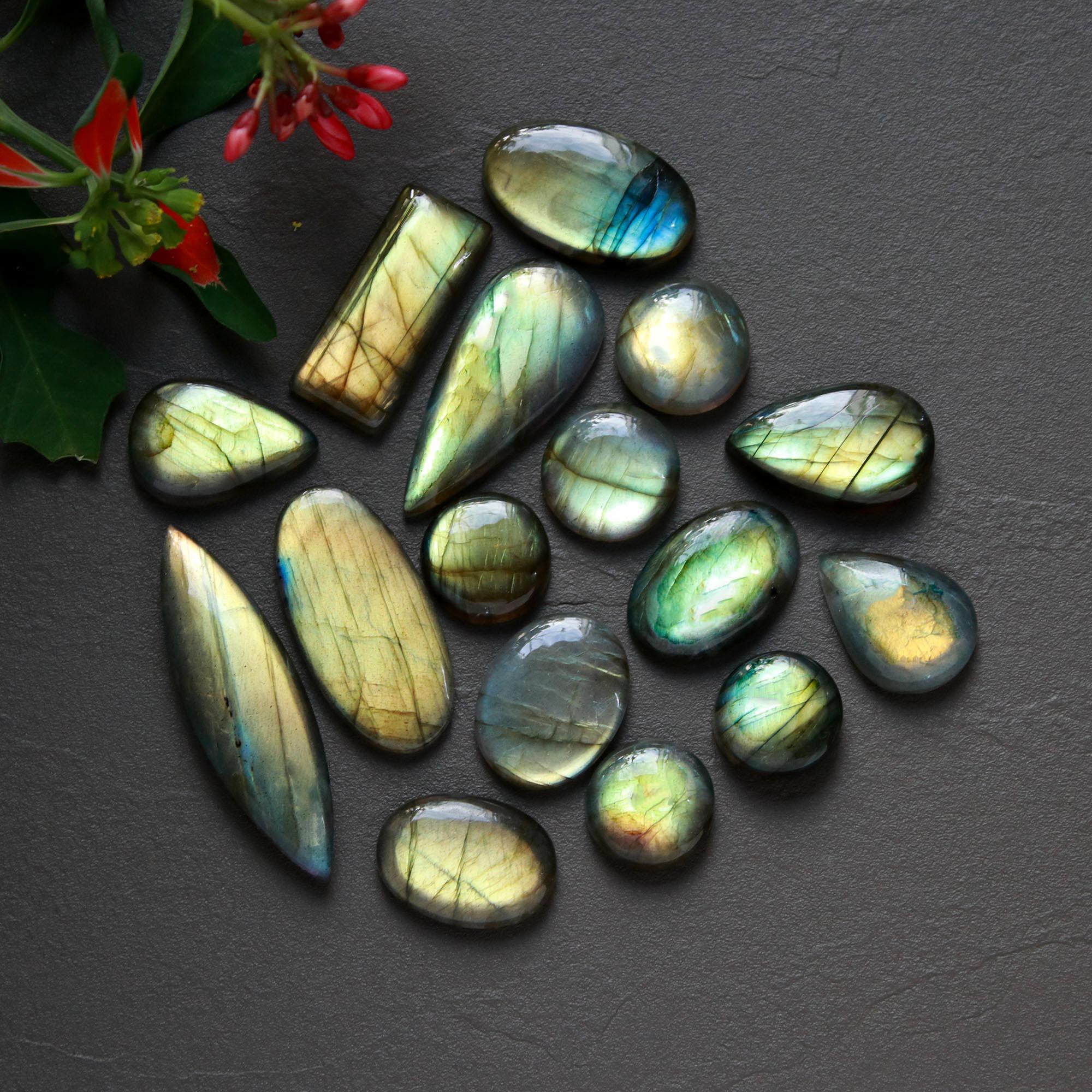 16Pcs 205Cts  Natural Labradorite Cabochon Loose Gemstone Jewelry Wire Wrapped Pendant Semi-Precious Healing Crystal Lots13x13-42x12mm 12940