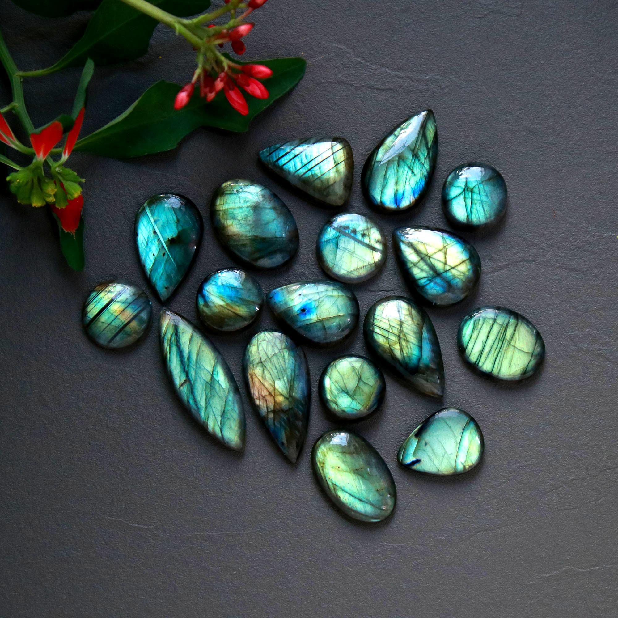 17Pcs 204Cts  Natural Labradorite Cabochon Loose Gemstone Jewelry Wire Wrapped Pendant Semi-Precious Healing Crystal Lots14x14-34x12mm 12951
