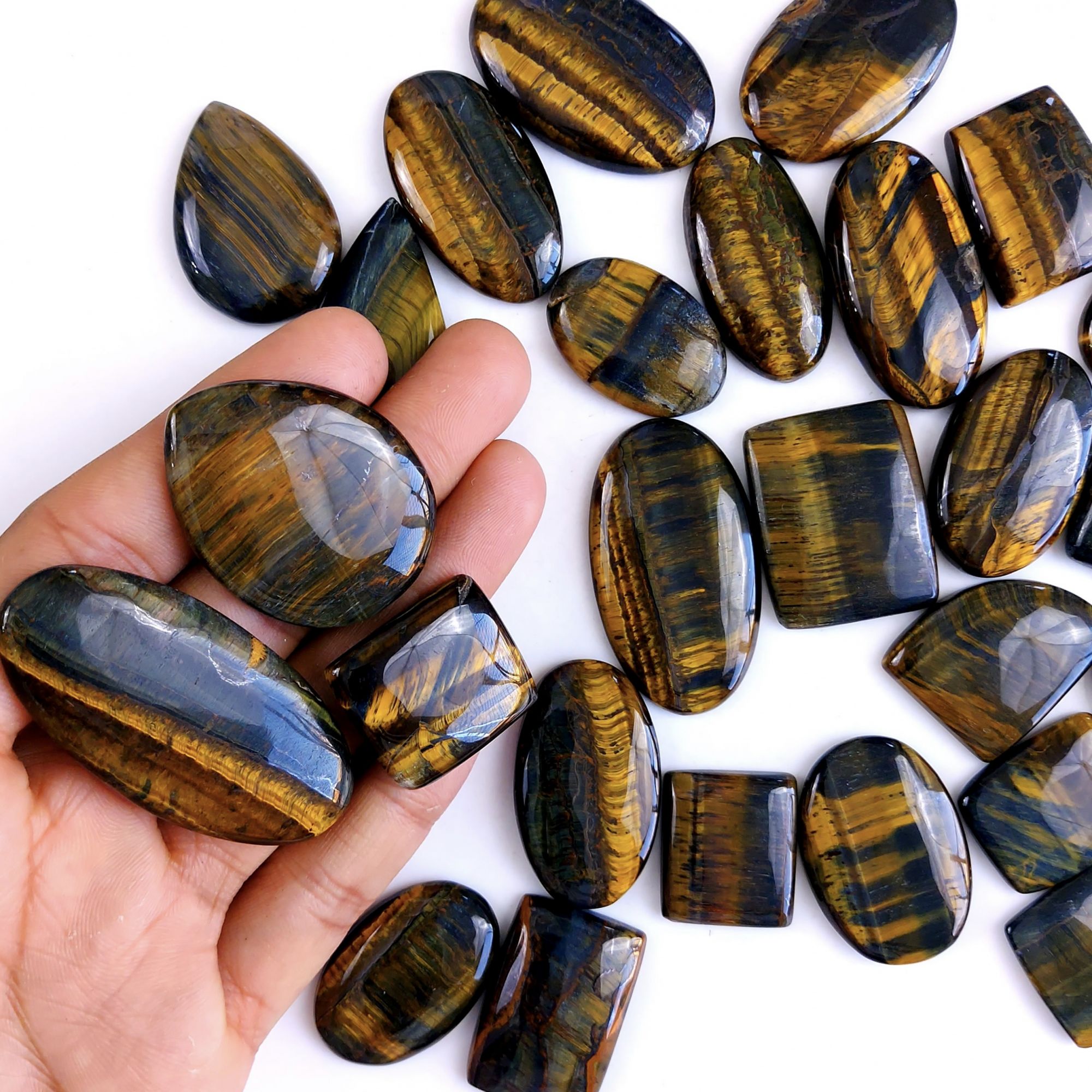 27Pcs 1177Cts Natural Tiger Eye Loose Cabochon Gemstone Lot Mix Shape and and Size for Jewelry Making 54x25 22x19mm#1303