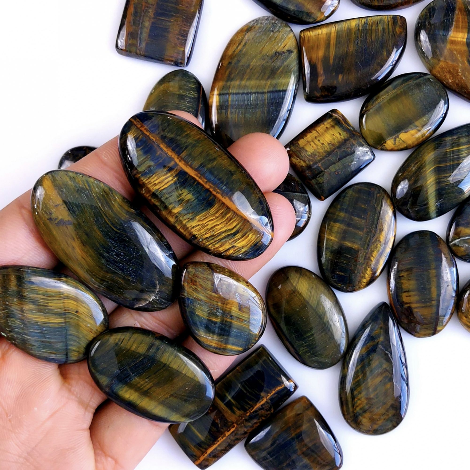 28Pcs 1080Cts Natural Tiger Eye Loose Cabochon Gemstone Lot Mix Shape and and Size for Jewelry Making 50x25 20x20mm#1306