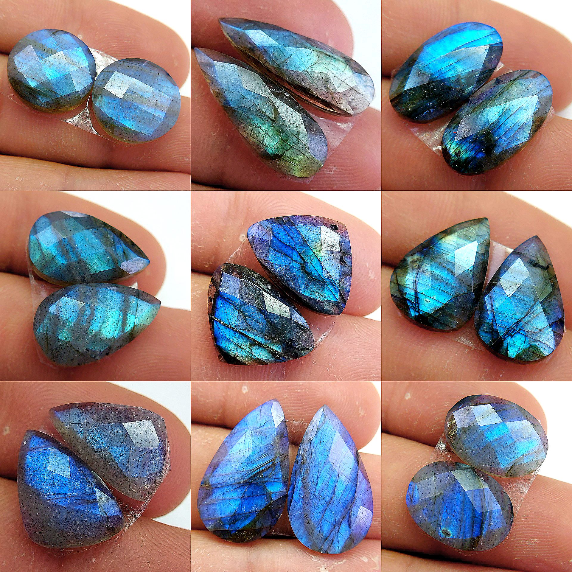 9 Pair 121 Cts Natural Labradorite Cabochon Loose Gemstone Jewelry Wire Wrapped Pendant Semi-Precious Healing Crystal Lots 22X12 15X9mm 13063